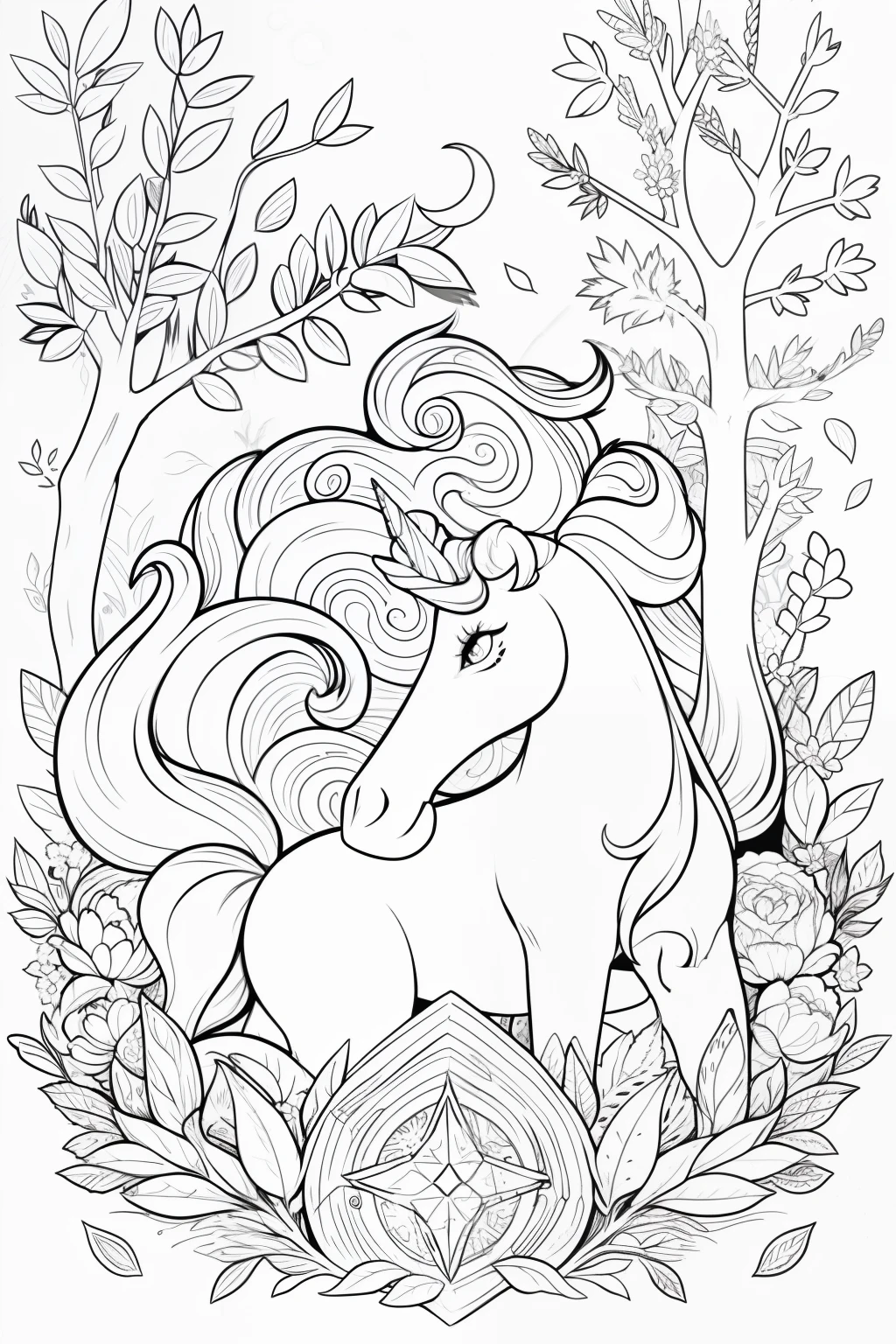 Coloring book of a unicorn in the forest, estilo cartoon, linhas grossas, sem cor, fundo branco, dashes only