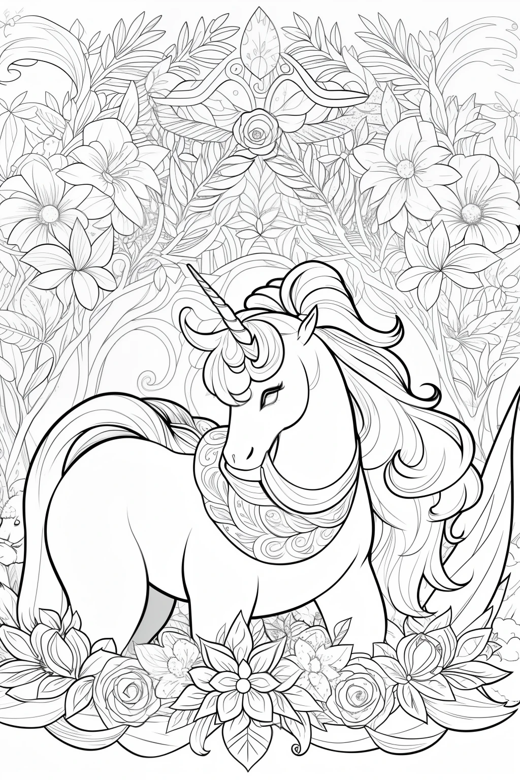 Coloring book of a unicorn in the forest, estilo cartoon, linhas grossas, sem cor, fundo branco, dashes only