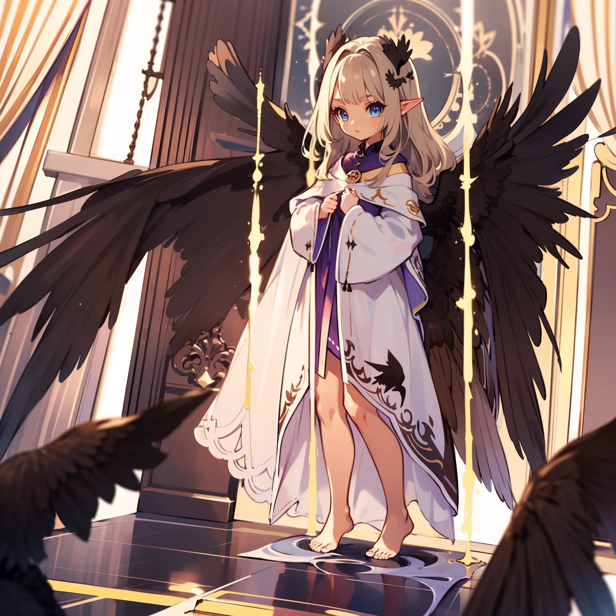 very cute female child:1.1,10 yo,(Darkness:1.4),(wizard's robe:1.5),blue eyes,silver hair:1.3,(glay brown skin:1.7),elf ear:1.3, (raven wings:1.7),(dark elf:1.6),action:1.6,Gothic Lolita cloth:1.8,BREAK dutch angle shot,dynamic angle:1.6,ground-level shot,low angle,full body shot,medium shot,BREAK Barefoot,livingroom:1.5,Summer,day, Long hair,flat chest,Wind,Drooping sweat:1.1,BREAK (extremely detailed CG unity 8k portrait),(highly detailed fingers),(Masterpiece: 1.3),(ultra detailed face),(Exquisite Detail: 1.2),highly detail Eye,(Highest Quality:1.4), (Super-Resolution: 1.2),(super fine illustration), Eyelashes, Best Quality,super detailed skin,