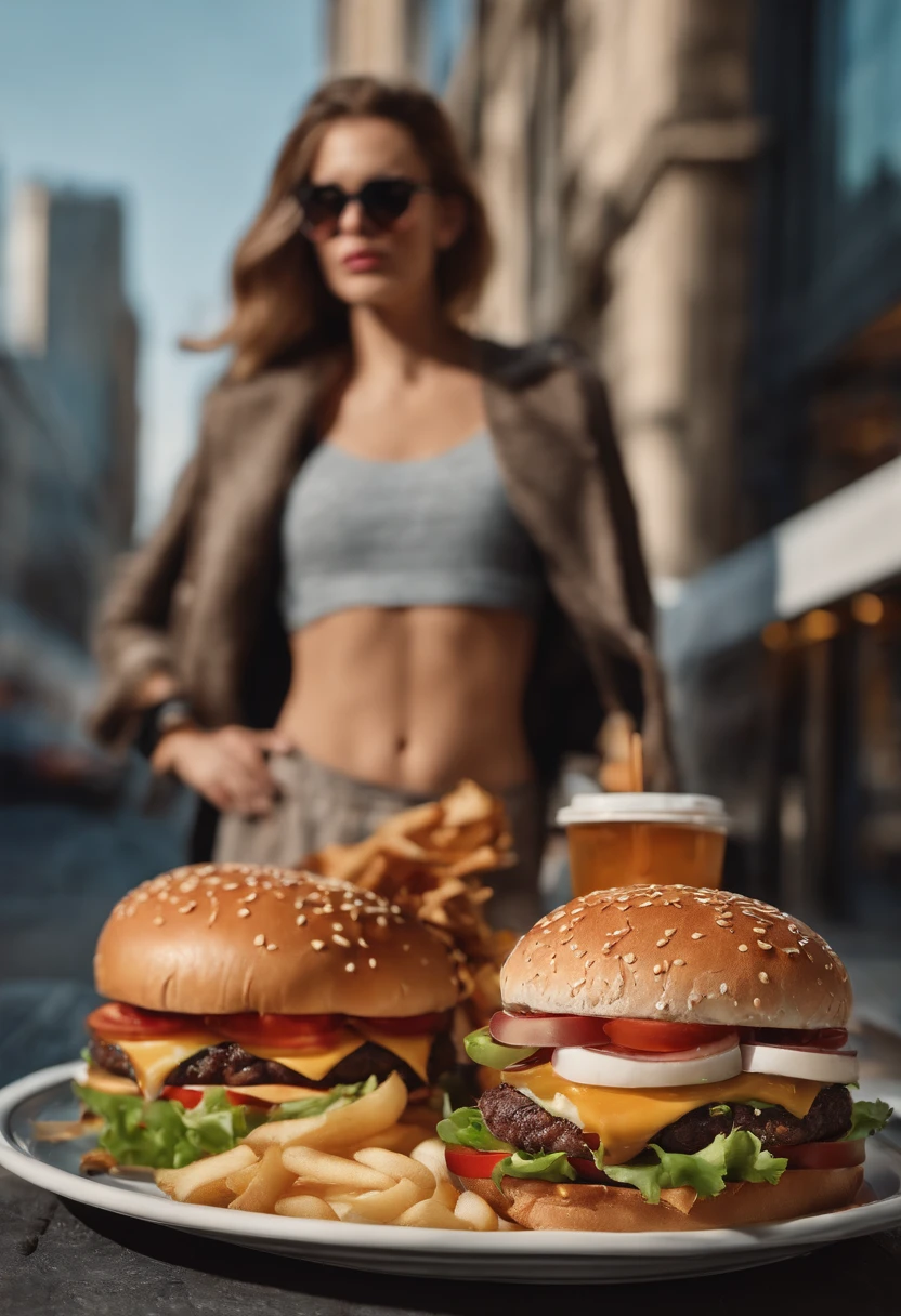 1mulher gorda, sentada no meio de uma cidade, vestida com roupas, acima do peso, derriere, costas, Shadow of a giant hamburger, ( ultra realista)