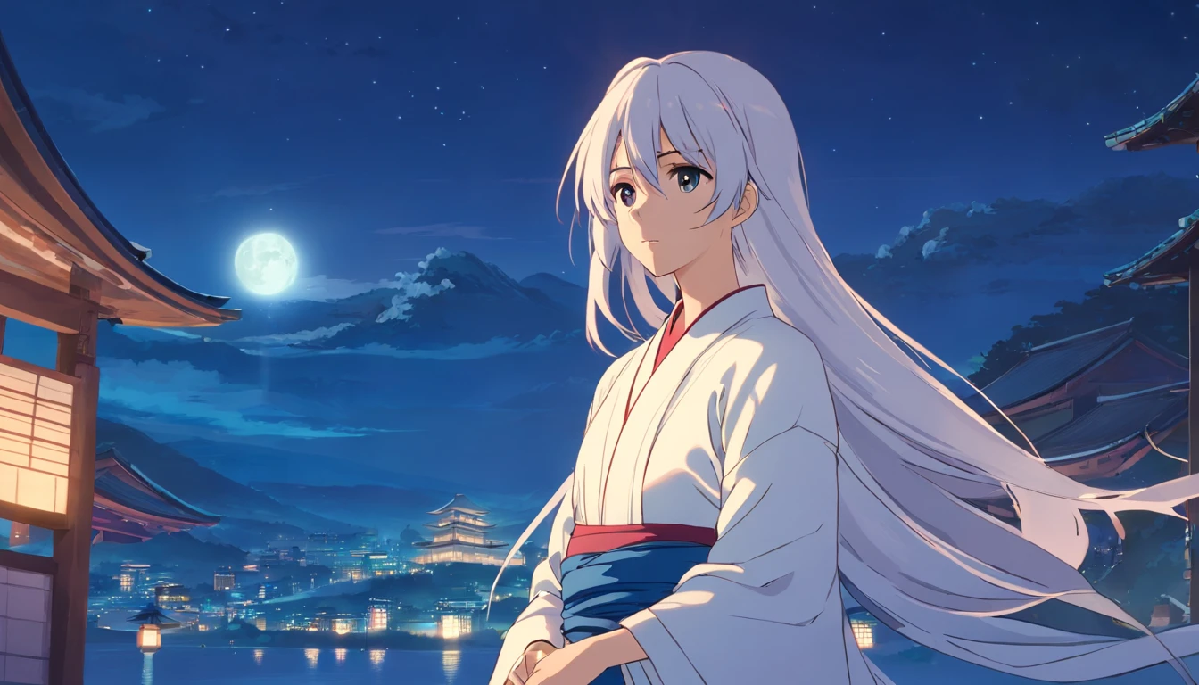 The male,Male,White Hanfu,long white hair,Long flowing hair,Wide robe with large sleeves,Ancient wind,Solid color clothes,The clothes do not have any patterns,laughingly,softlighting,water ink,Behind it is the full moon,low-saturation,low-contrast,led floodlights