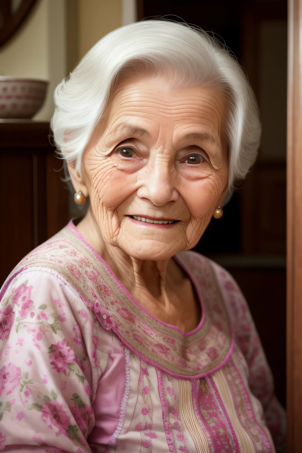 Describe a charming elderly lady, approximately 90 years old, inside her lovely home. She is gazing directly at the camera with a face adorned by wrinkles, yet radiating an expression of profound joy and endearing warmth. Explore her surroundings, her attire, and the unique features of her home that add to its charm. Capture the essence of her personality and the stories that her wise and cheerful countenance might tell."