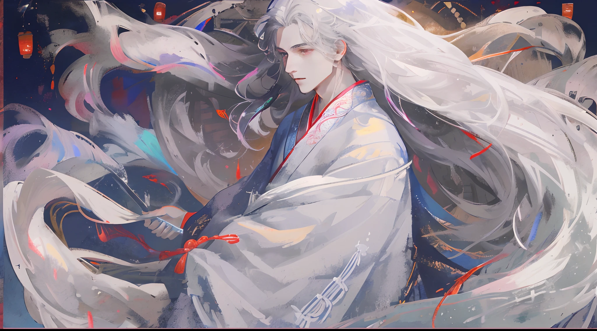 The male，Male，White Hanfu，long  white hair，Long flowing hair，Wide robe with large sleeves，Ancient wind，Solid color clothes，The clothes do not have any patterns，laughingly，softlighting，water ink，Behind it is the full moon，low-saturation，low-contrast，led floodlights