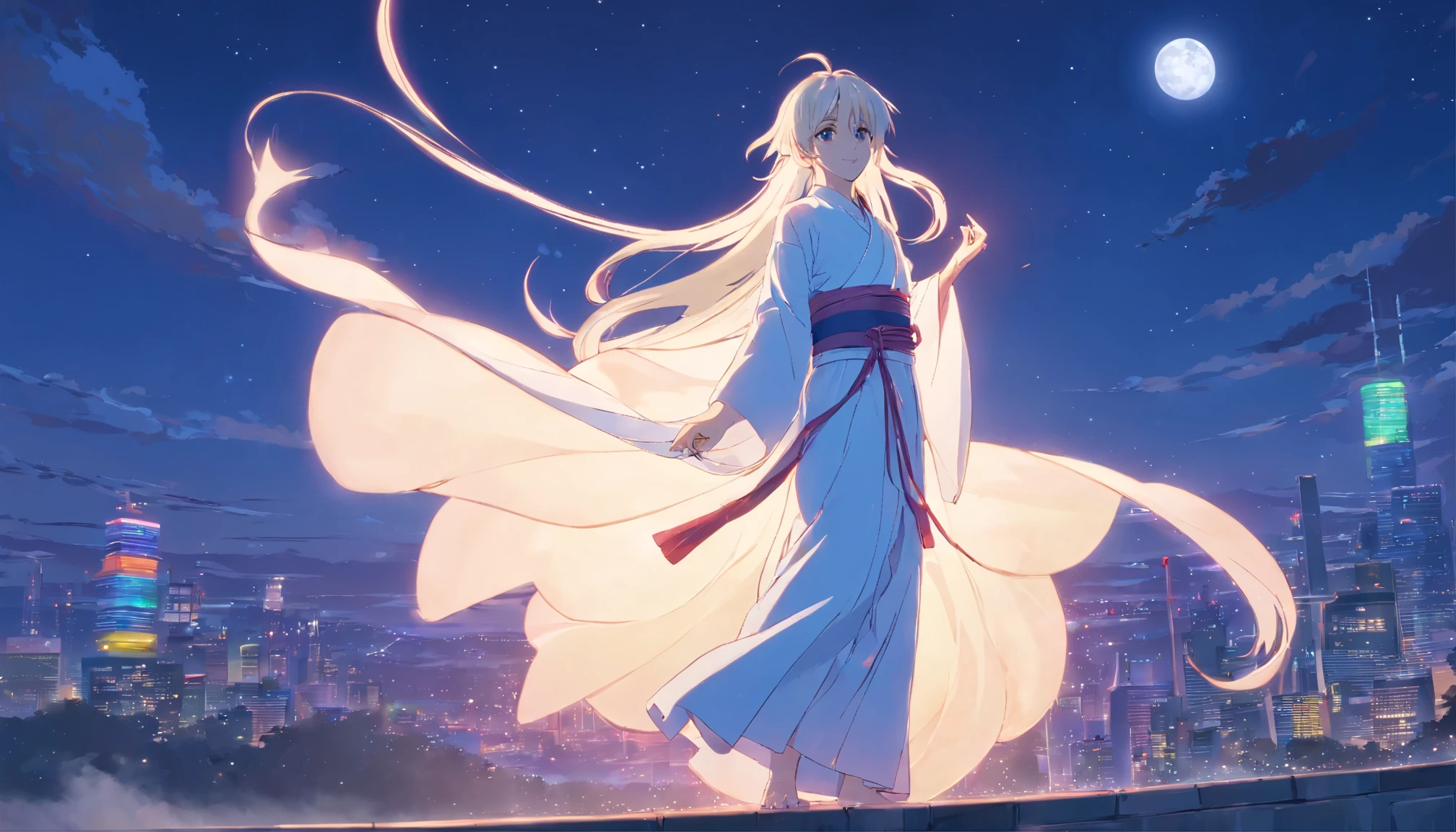 The male，Male，White Hanfu，long white hair，Long flowing hair，Wide robe with large sleeves，Ancient wind，Solid color clothes，The clothes do not have any patterns，laughingly，softlighting，water ink，Behind it is the full moon，low-saturation，low-contrast，led floodlights