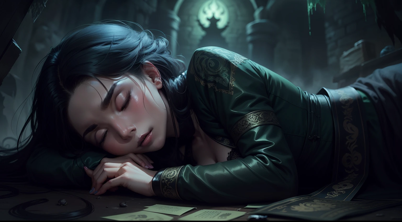 asian female vampire in dungeon, sleeping in the cofin, green fog and owl in the darkness