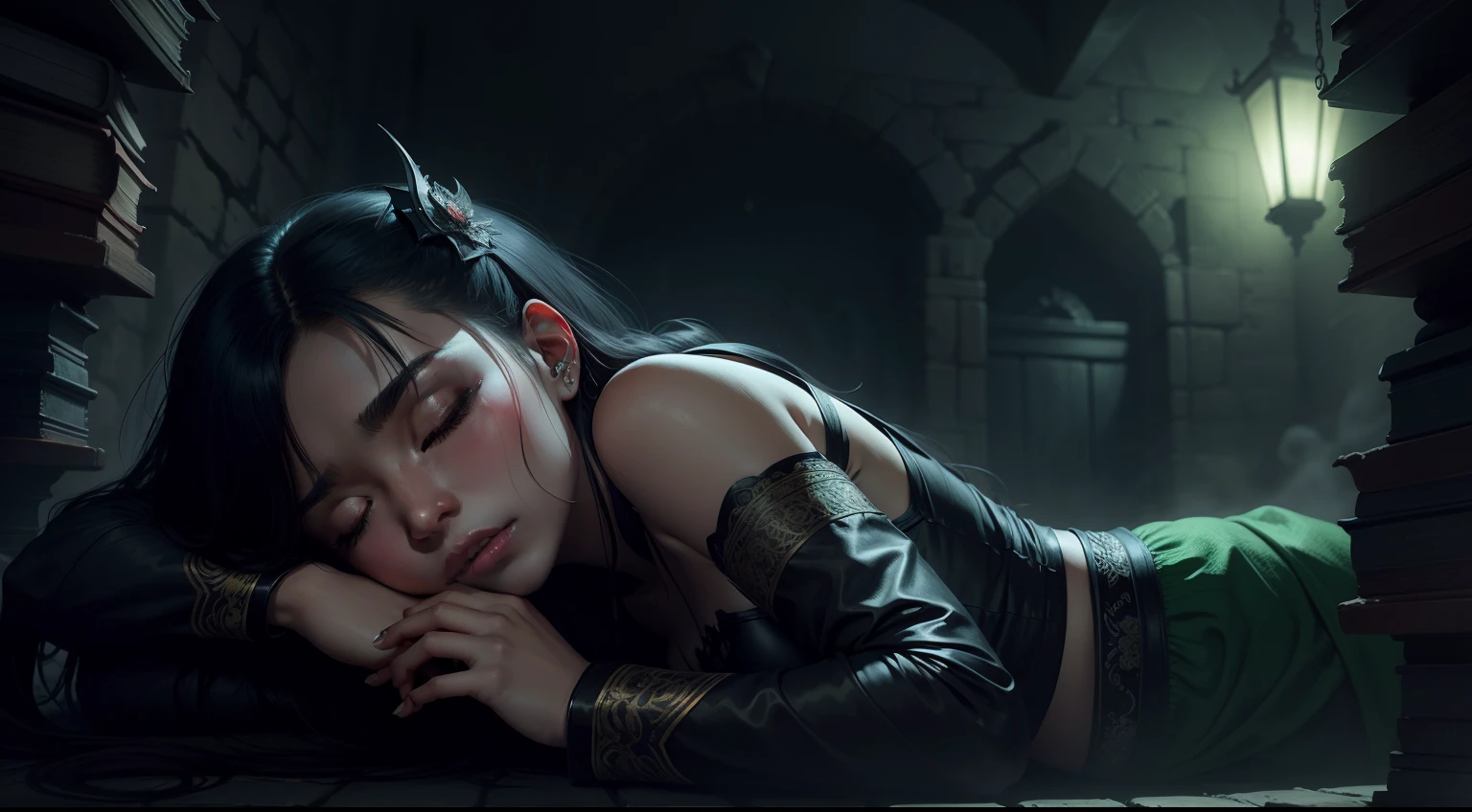 asian female vampire in dungeon, sleeping in the cofin, green fog and owl in the darkness