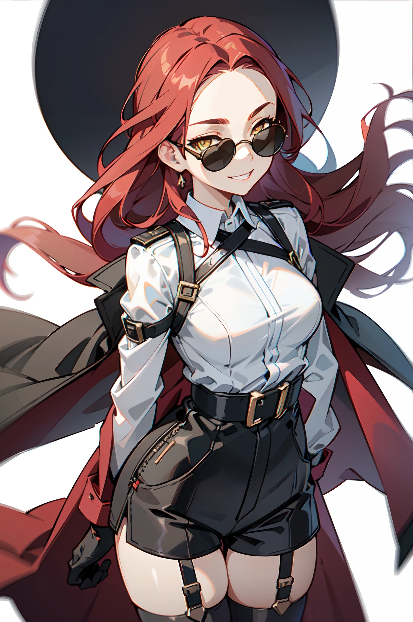 1girl, young woman, solo, long hair, big hair, (forehead:1.13), (round sunglasses:1.2), yellow eyes, scarlet red hair, medium breasts, grin, (overcoat, black coat, open coat:1.2), white shirt, collared shirt, (chest harness, shoulder strap:1.15), black leather shorts, garter belt, gloves, elegant, arms behind back, looking at viewer, standing,, ((close-up)), face only, cowboy shot, masterpiece, best quality, 4k