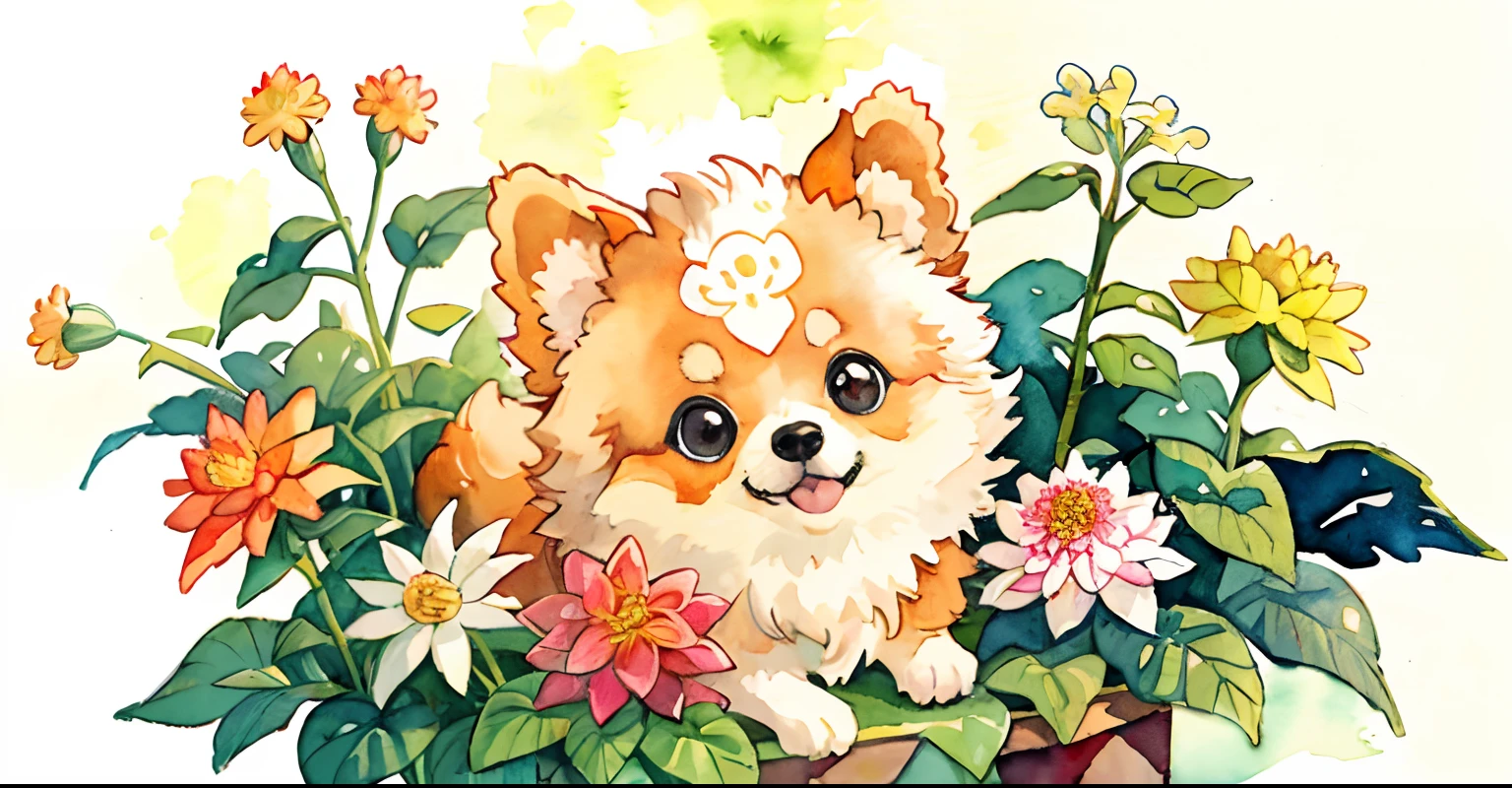 Pomeranian dog:1.5、cute little、big eye、orange fur、fluffy fur、simple background、white backgrounid、watercolor paiting、garden with dahlias