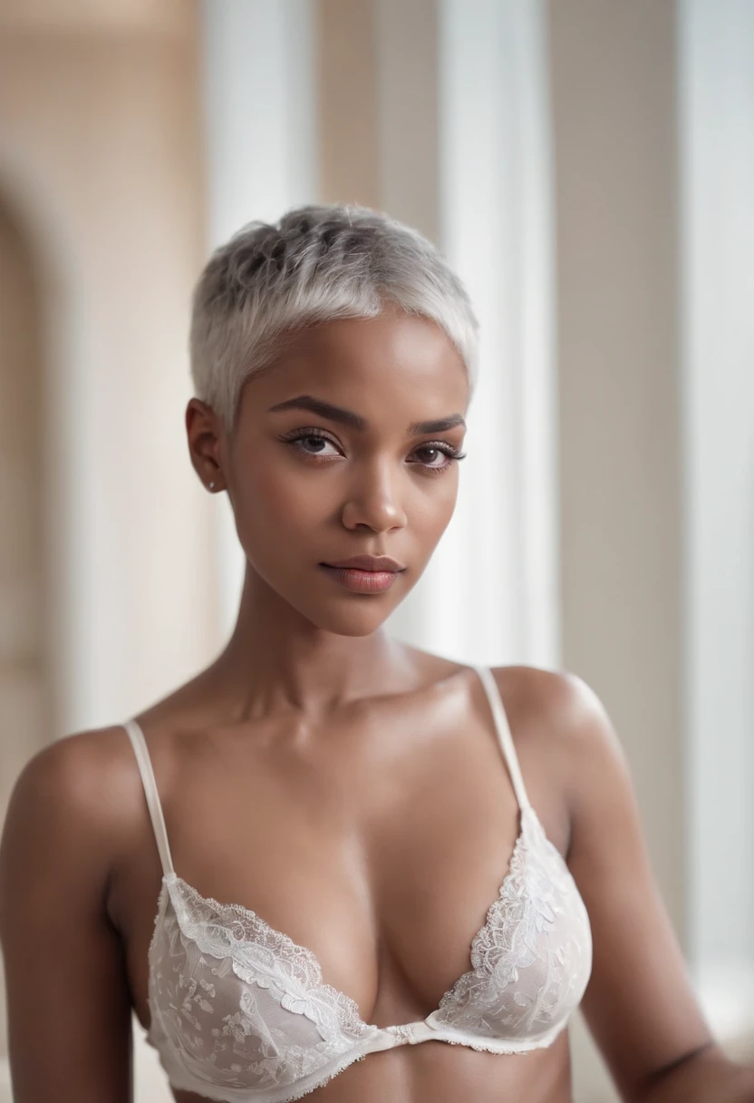 A tender black girl, short white hair on her head, in transparent clothes, a beautiful sexy body, mini panties and a mini bra, against the background of a blurred interior, a sexy pose