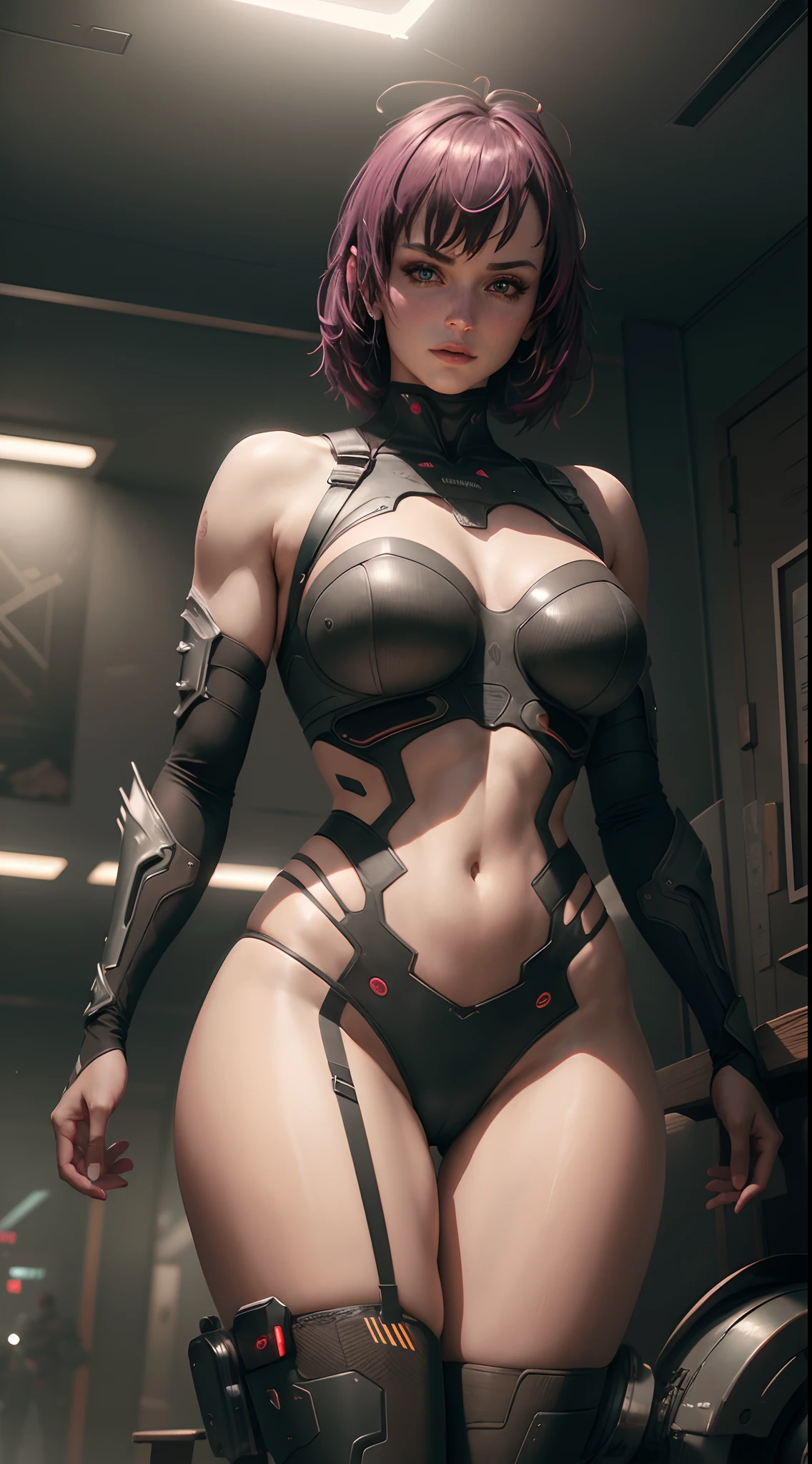 (best quality,4k,8k,Altas,master part:1.2), ultra-detalhado, (Realistic,fotorrealista,photo-realistic:1.37), Corpo ciborgue, Defined muscles, coxas grossas, lingerie reveladora, Futuristic, metal textures, Luzes LED brilhantes, armadura elegante e brilhante, Cyberpunk, cores neon, dynamic lighting