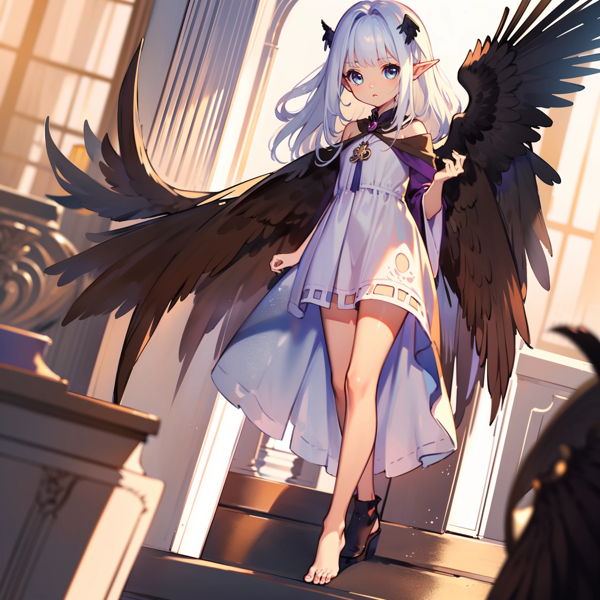 very cute female :1.1,10 yo,(Darkness:1.4),(wizard's robe:1.5),blue eyes,silver hair:1.3,(glay brown skin:1.7),elf ear:1.3, (raven wings:1.7),(dark elf:1.6),action:1.6,Gothic Lolita cloth:1.8,BREAK dutch angle shot,dynamic angle:1.6,ground-level shot,low angle,full body shot,medium shot,BREAK Barefoot,livingroom:1.5,Summer,day, Long hair,flat chest,Wind,Drooping sweat:1.1,BREAK (extremely detailed CG unity 8k portrait),(highly detailed fingers),(Masterpiece: 1.3),(ultra detailed face),(Exquisite Detail: 1.2),highly detail Eye,(Highest Quality:1.4), (Super-Resolution: 1.2),(super fine illustration), Eyelashes, Best Quality,super detailed skin,