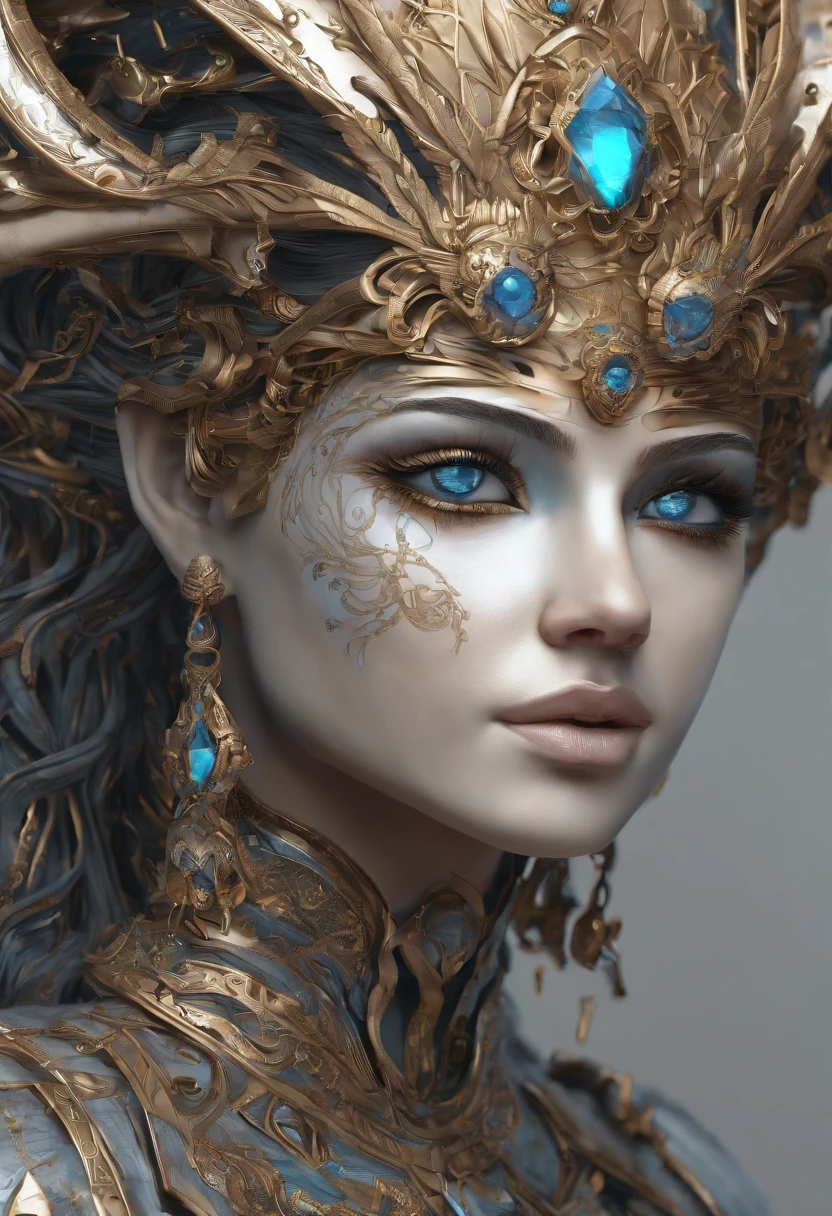 A close up of a woman with a gold and blue headpiece - SeaArt AI