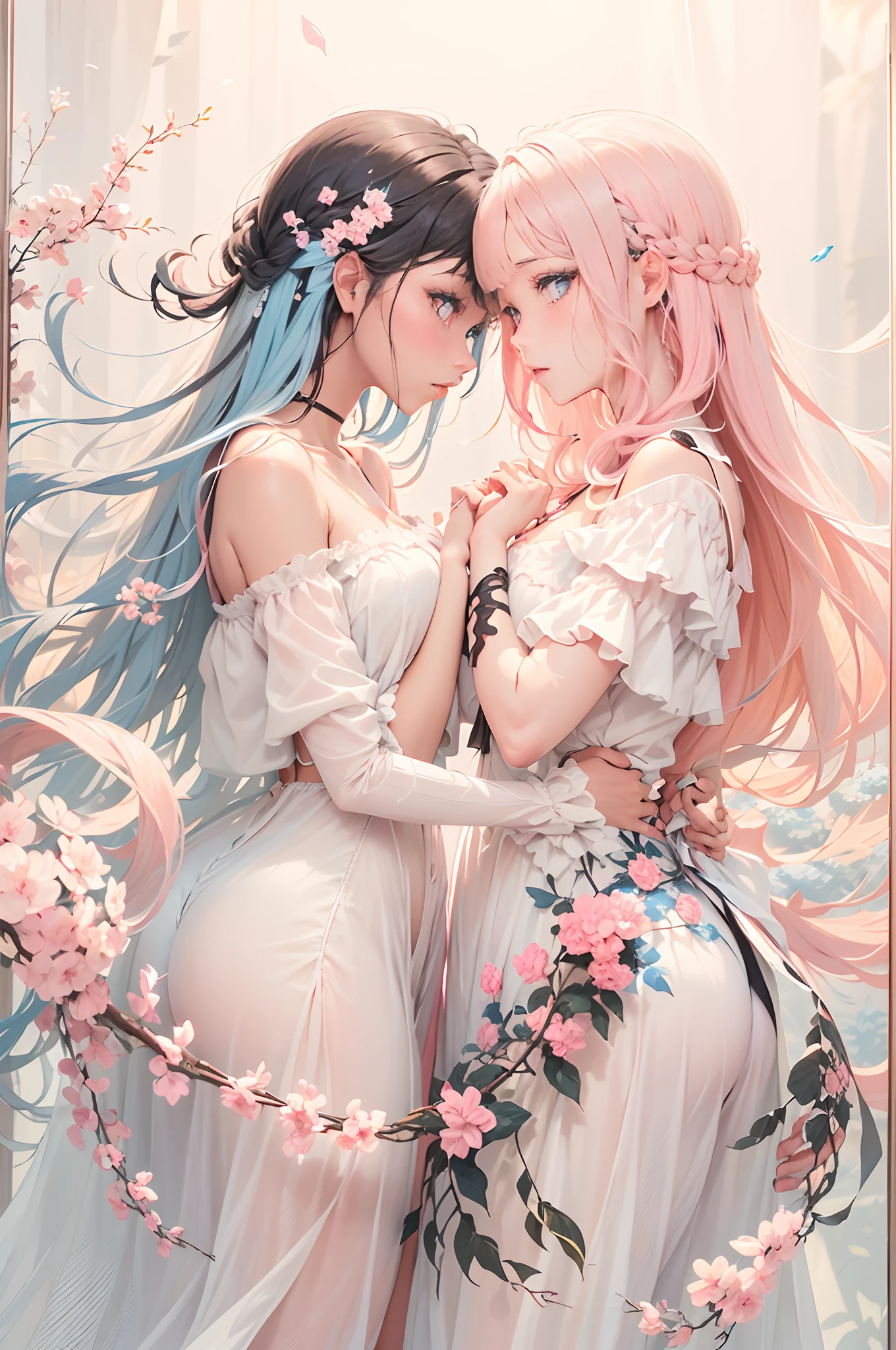 Looking at each other with kind eyes, ((one dark skin with long black and blue hair and blue eyes)), ((one light skin with short white and pink hair and pink eyes)), detailed face, less blurry face, less blurry eyes