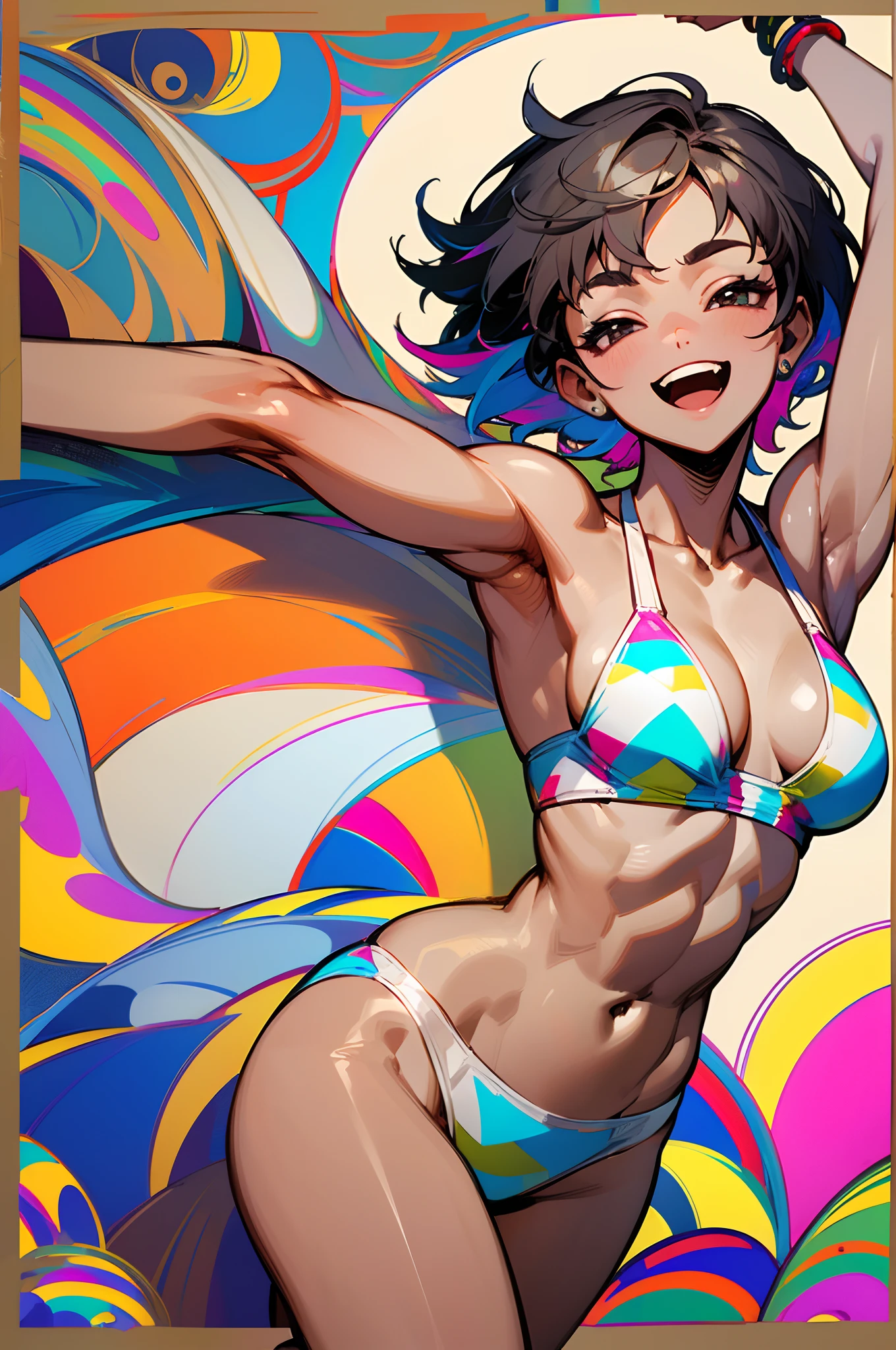 (Best Quality, hight resolution:1.2, Ultra-detailed),Short cut gray hair girl、She is 20 years old、brown skinned、Wearing a white bikini、slender muscular body、bare-legged、Colorful bracelets、Colorful anklets、Smile cheerfully、Laugh、Dance cheerfully