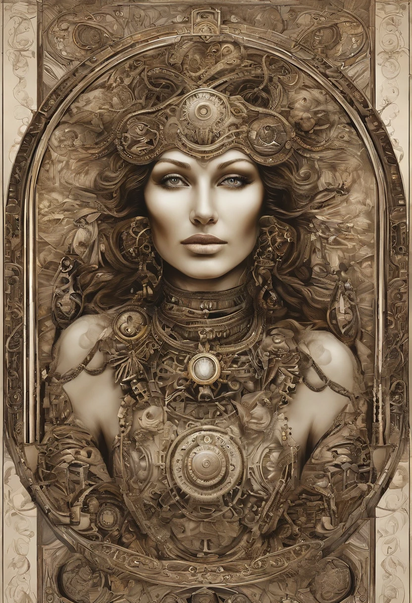(best qualtiy,ultra - detailed,Most Best Illustration,Best shadow,tmasterpiece,A high resolution,professionalartwork,famousartwork),Detailed eyes,beautidful eyes,closeup cleavage,sci-fy,colored sclera,Robot eyes,face markings,Tattooed with,(fractalized,Fractal eyes),largeeyes,Wide eyes,(Eye focus),sface focus,Cosmic eyes,Space eyes,Close-up of metal sculpture of a woman with a universe in her hair,goddes。extremly high detail,3 d goddess portrait,Extremely detailed footage of the goddess,a stunning portrait of a goddess,Side image of the goddess,portrait of a beautiful goddess,Full body close-up portrait of the goddess,hecate goddess,portrait of a norse universe goddess,goddess of space and time