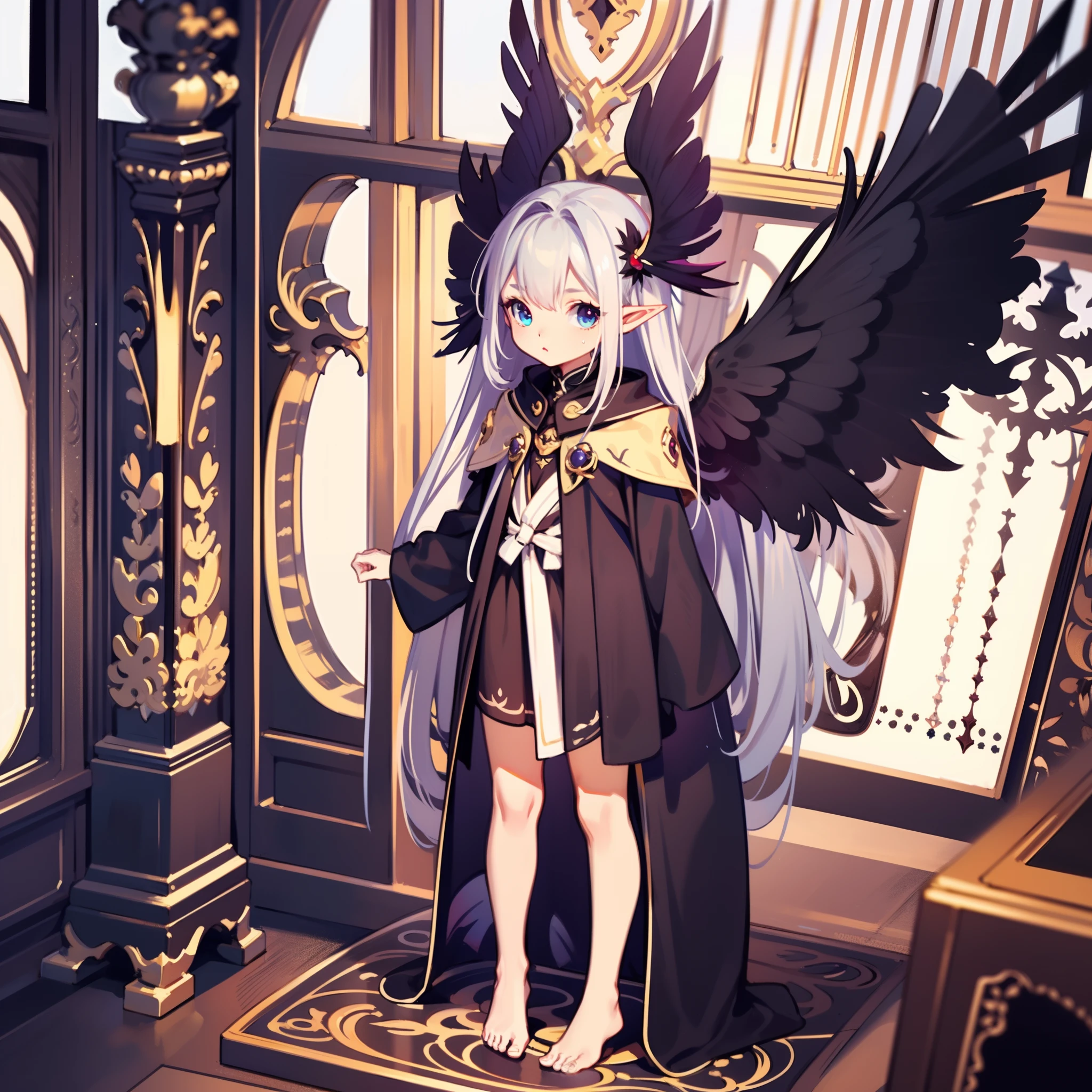 very cute female :1.1,10 yo,(Darkness:1.4),(wizard's robe:1.5),blue eyes,silver hair:1.3,(glay brown skin:1.3),elf ear:1.3, (raven wings:1.7),(dark elf:1.6),action:1.6,Gothic Lolita cloth:1.8,BREAK dutch angle shot,dynamic angle:1.6,ground-level shot,low angle,full body shot,medium shot,BREAK Barefoot,livingroom:1.5,Summer,day, Long hair,flat chest,Wind,Drooping sweat:1.1,BREAK (extremely detailed CG unity 8k portrait),(highly detailed fingers),(Masterpiece: 1.3),(ultra detailed face),(Exquisite Detail: 1.2),highly detail Eye,(Highest Quality:1.4), (Super-Resolution: 1.2),(super fine illustration), Eyelashes, Best Quality,super detailed skin,
