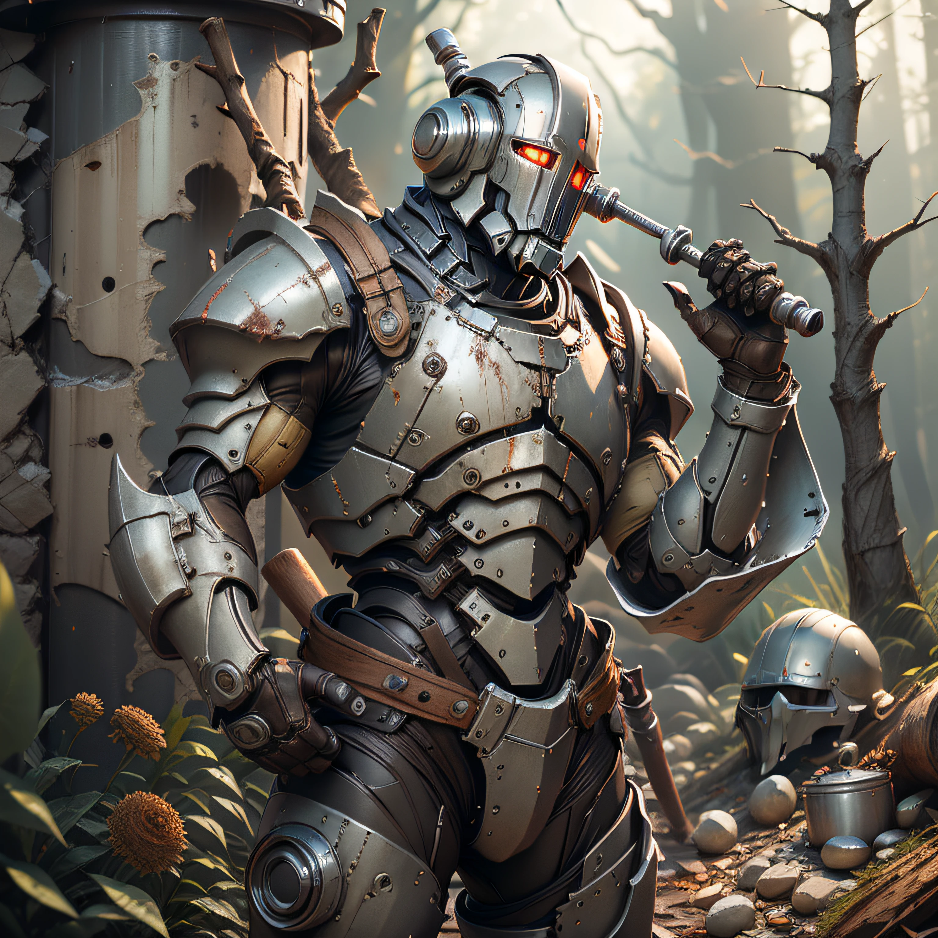 Handsome Warforged, (((tin funnel for hat))) rusty, ((lumberjack ax in his hand)) photo-realistic, octane render, unreal engine, ultra-realistic