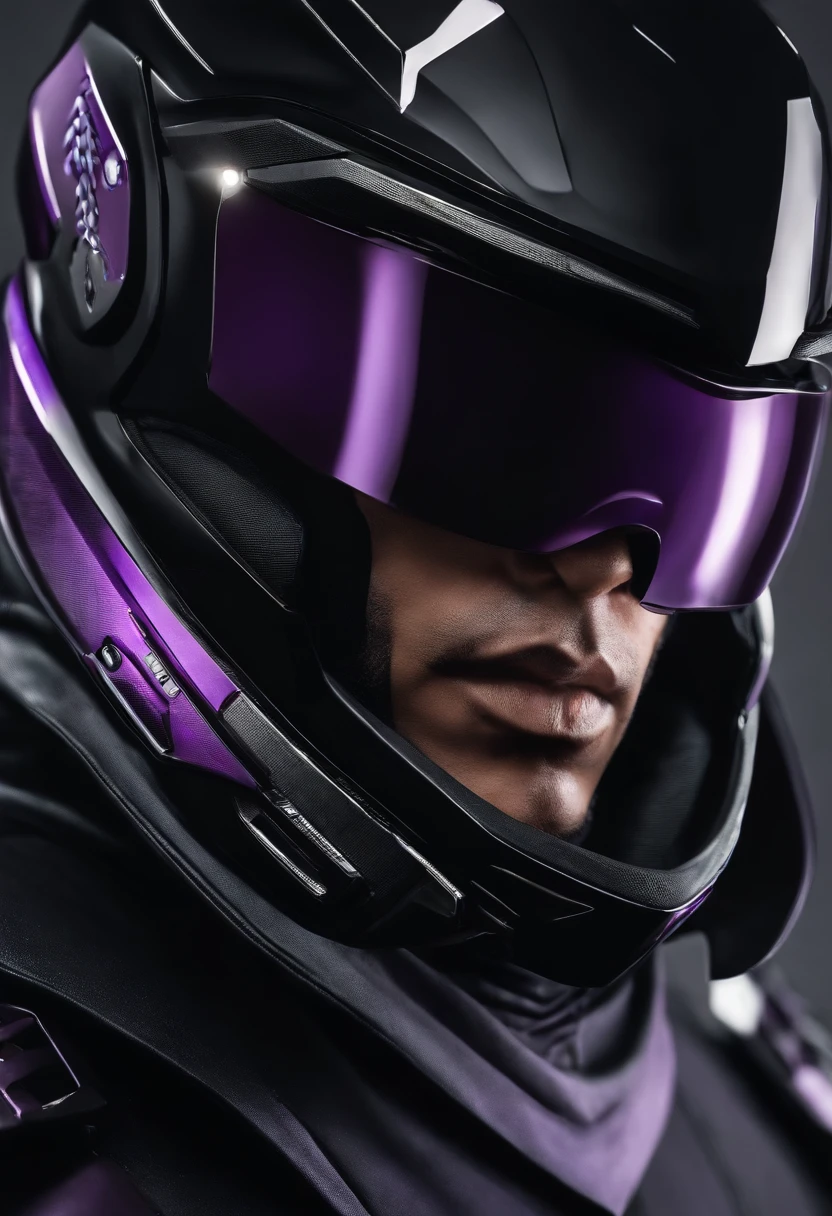 crie um homem ninja roxo futurista forte estilo mortal kombat que usa um capacete fechado de moto roxo com visor preto. He has an outfit reminiscent of that of a futuristic samurai and is on top of a motorcycle. The angle of the image is seen from the bottom up in a perspective of superiority.