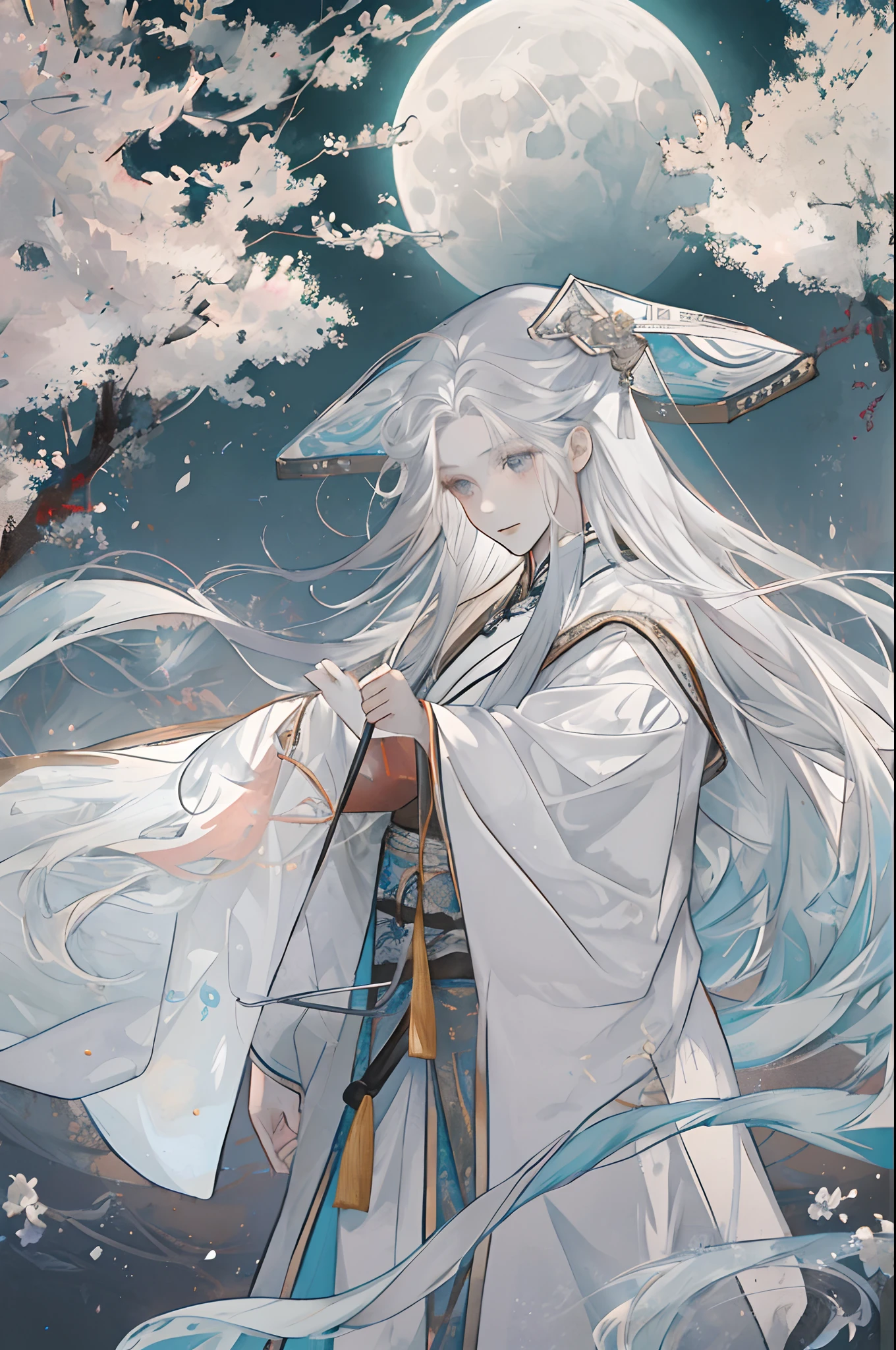 The male，Male，White Hanfu，long  white hair，Long flowing hair，Wide robe with large sleeves，Ancient wind，Solid color clothes，The clothes do not have any patterns，laughingly，softlighting，water ink，Behind it is the full moon，low-saturation，low-contrast，led floodlights