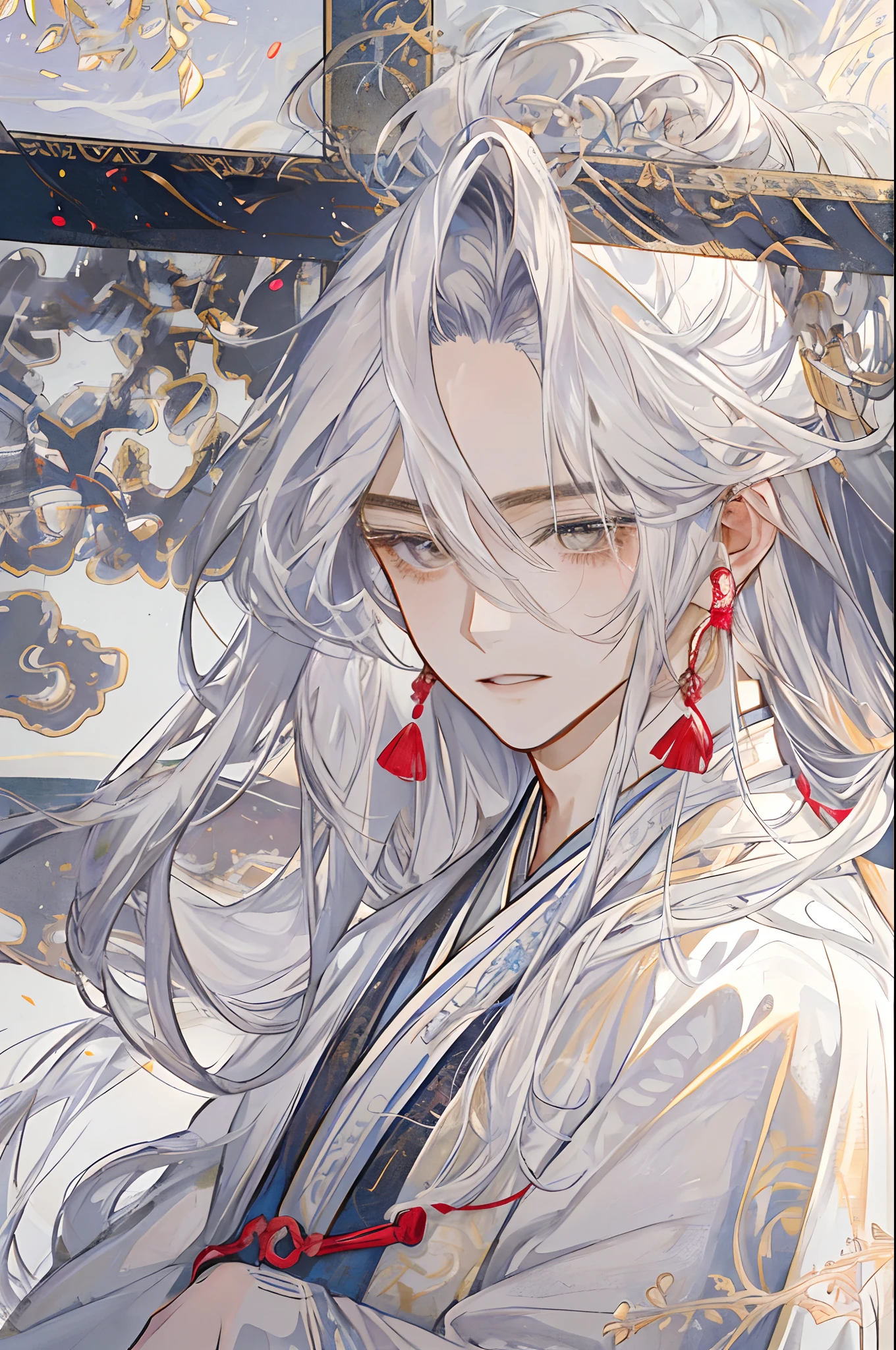 The male，Male，White Hanfu，long  white hair，Long flowing hair，Wide robe with large sleeves，Ancient wind，Solid color clothes，The clothes do not have any patterns，laughingly，softlighting，water ink，Behind it is the full moon，low-saturation，low-contrast，led floodlights