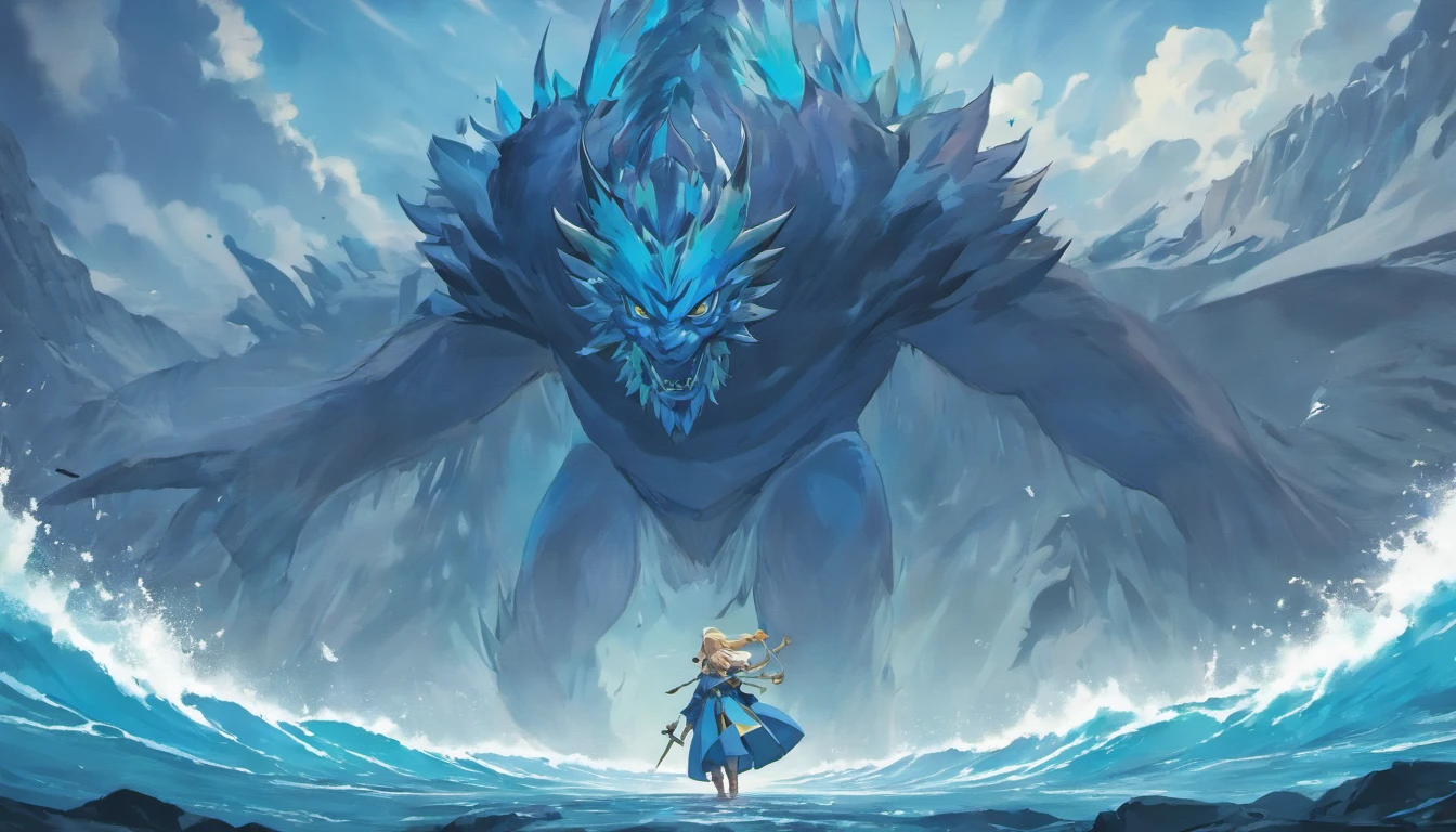 Giant blue creature coming out of the sea and warrior watching from the top of the mountain, best quality, masterpiece