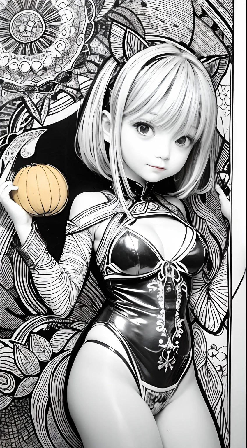 coloring page, illustration, Una bruja en una fiesta de calabazas, thick lines, Detalles bajos, Anime style