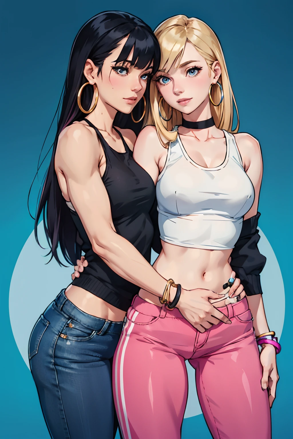 A girl, blonde long hair, pink tank top and blue pants, hoop bracelets, hoop earrings. Making sex with a girl with pale skin, black hair with bangs, black sweater long sleeve and black pants lesbian sex, 2 girls