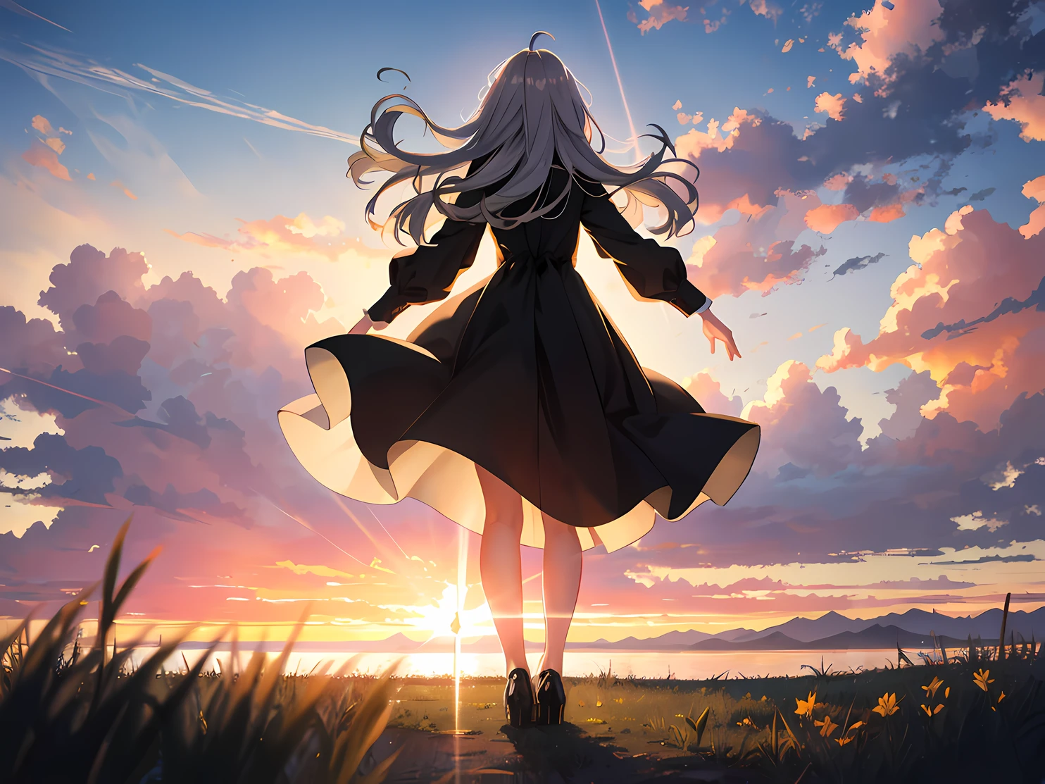 Clouds in the surrounding sky, The magic of light, Dreamy Background, Meaning background, Absurd background with artistic overlays, Colorful Hair, Hyperrealism, Cinematic lighting feel, Ray Tracing, Divine Light, Speed Line, viewing angle, Ultra HD, masterpiece, Best quality, Super Detail, High resolution, High Quality On, (Vision: 1.3)
