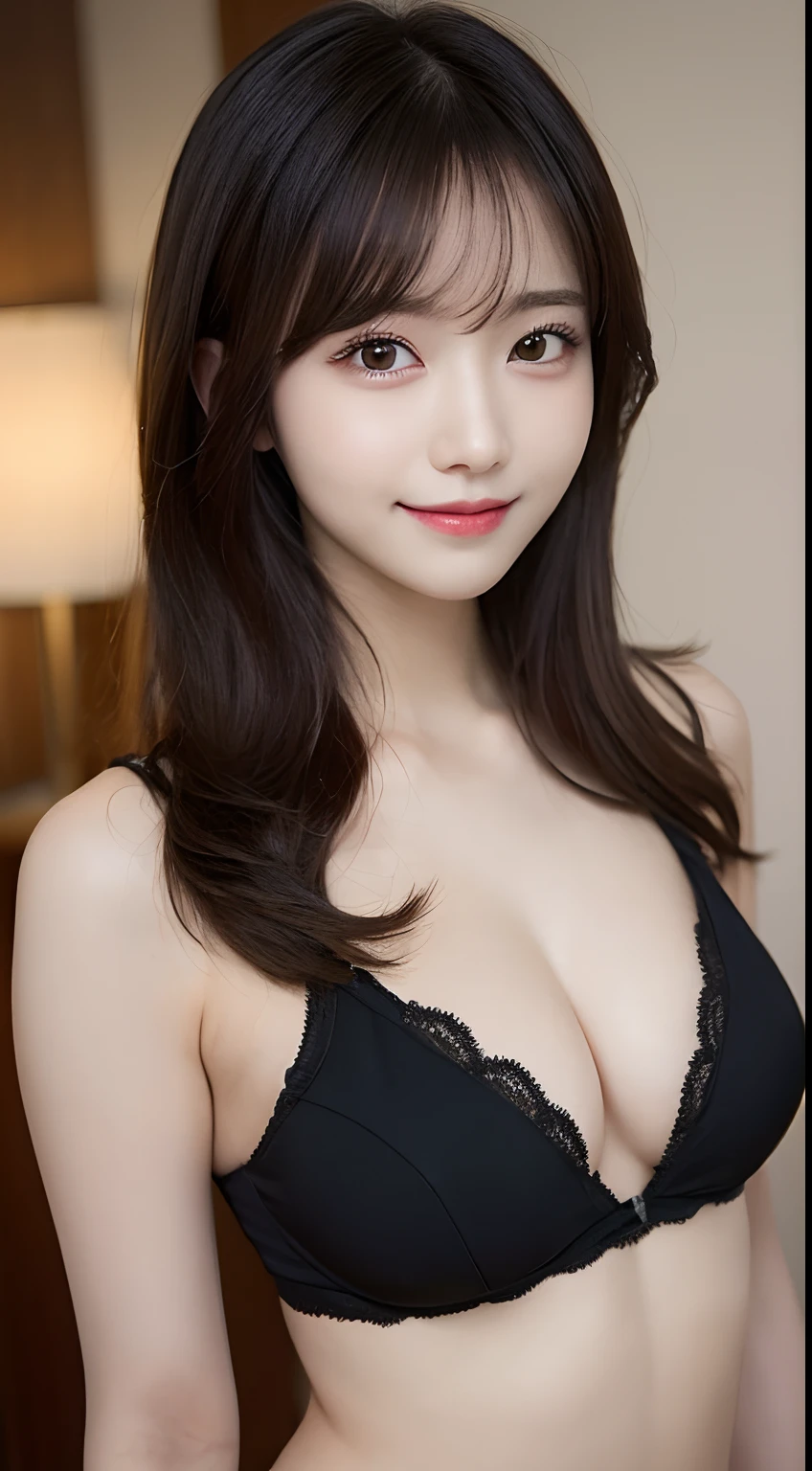 masutepiece, Best Quality, Illustration, Ultra-detailed, finely detail, hight resolution, 8K Wallpaper, Perfect dynamic composition, Beautiful detailed eyes, sexy underwear,String T-back、Straight hair,small tits、Natural Color Lip, Bold sexy poses,Smile,sweet bed、20 years girl、Cute、Subject looking at sexy pose on camera,KPOP Idol Face、Cute