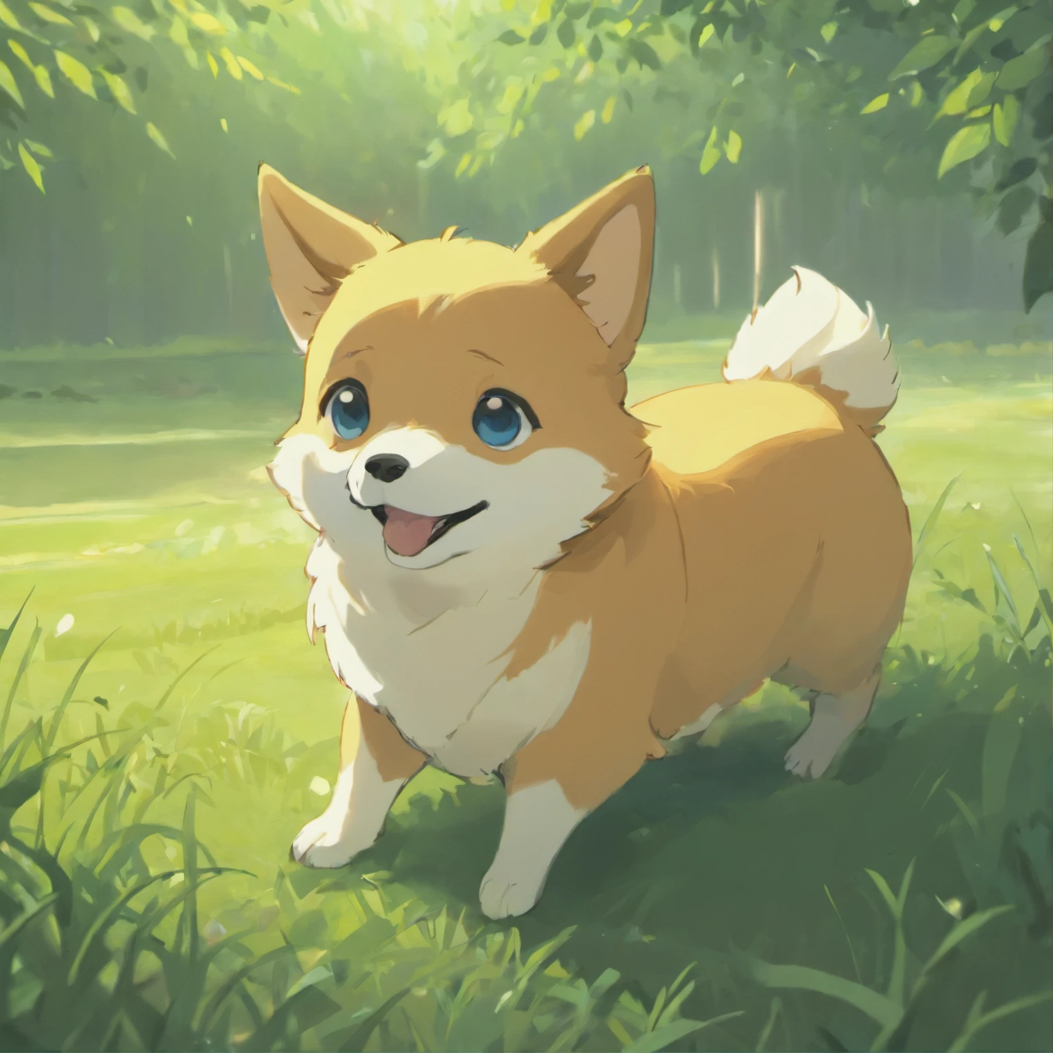 Corgi Chinese illustration film lighting effects,Corgi sitting on the grass,His eyes were fixed on the screen,Optimize eye detail,Corgi sitting on the grass,His eyes were fixed on the screen,Optimize eye detail,beste-Qualit,higly detailed,beste-Qualit,8K, 3Drenderingof,BP5.0 Renderer Rendering,unreal engine 5 render