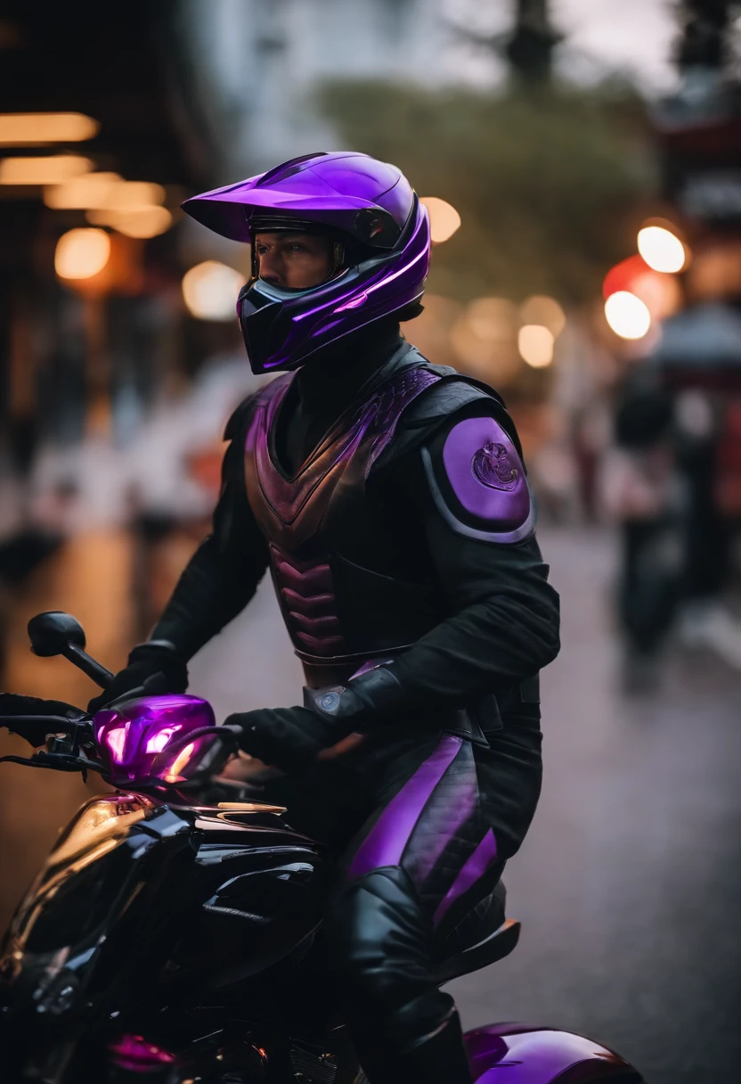 crie um personagem de mortal kombat que usa um uniforme roxo e um capacete de motociclista fechado com visor preto. Ele tem uma roupa que lembra a de um samurai futurista e tem uma pose de superioridade.