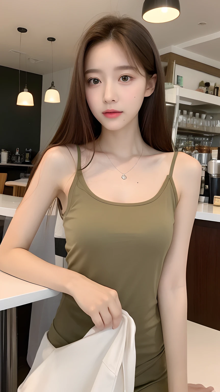(realisticlying, A high resolution:1.3), 1 girl with a perfect body, Super fine face and eyes,long whitr hair, Tank top of random colors:1.2, Long slip dress, in a cafe, Coffee on the table, No chest leakage