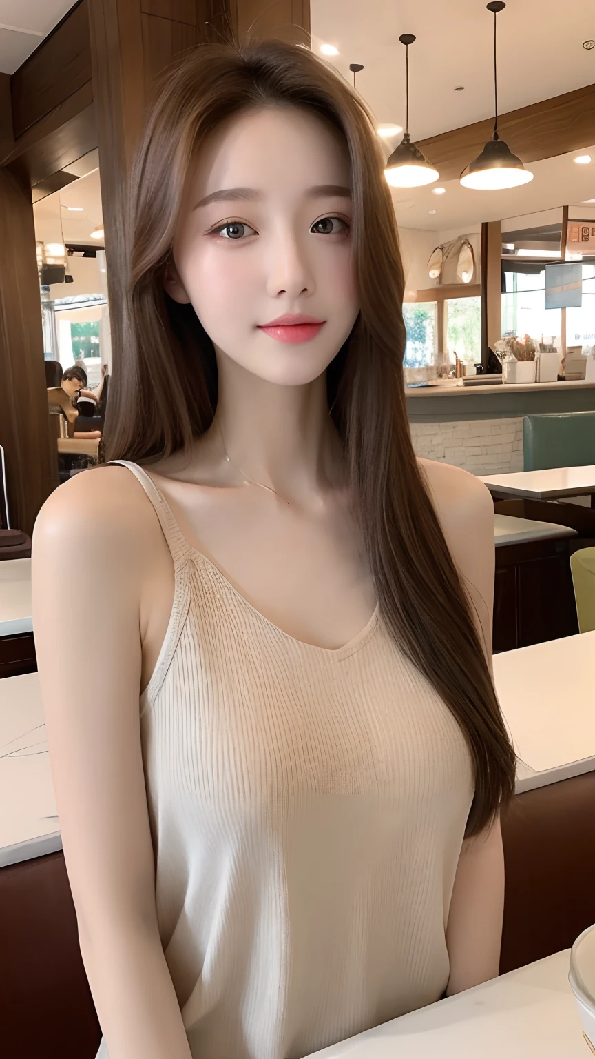 (realisticlying, A high resolution:1.3), 1 girl with a perfect body, Super fine face and eyes,long whitr hair, Tank top of random colors:1.2, Slip dress, in a cafe, Coffee on the table, huge tit,Coat vest,No chest leakage