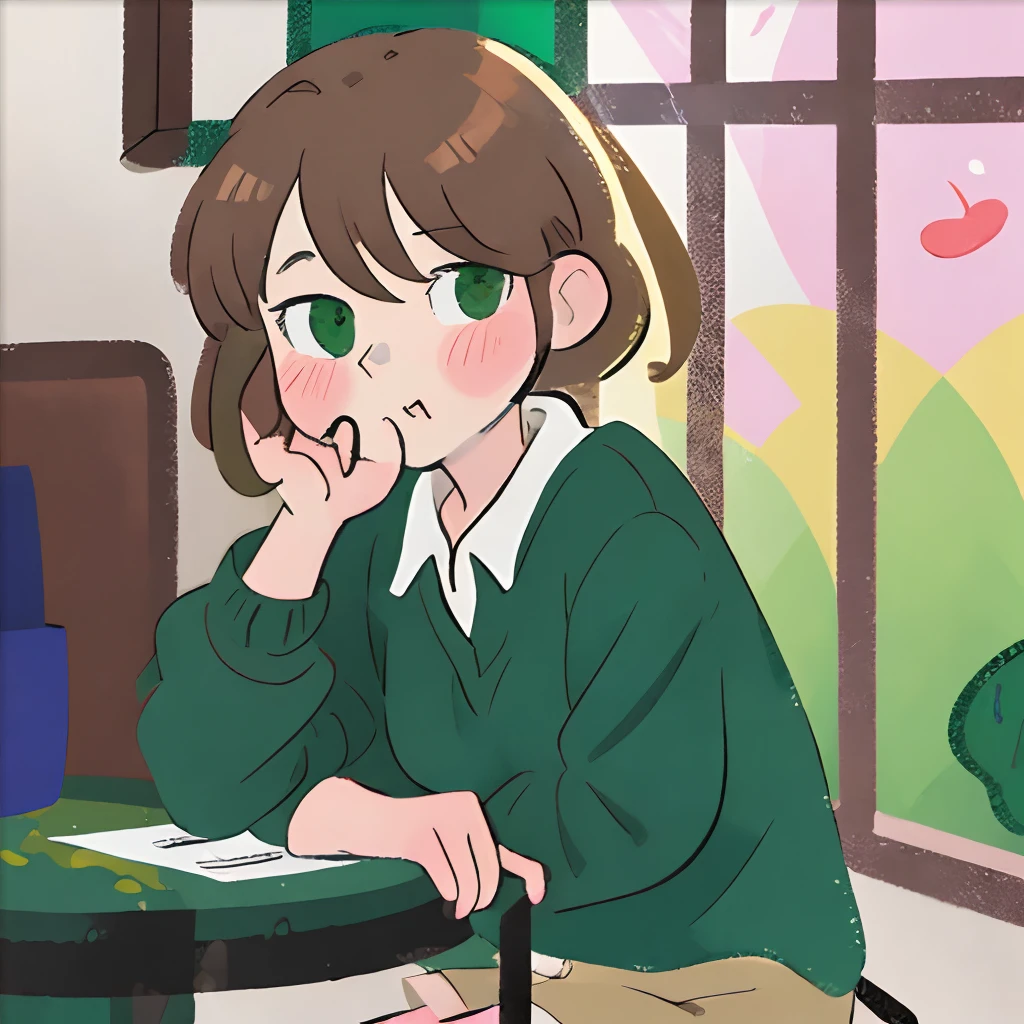 HPS, drawing, image, painting, 1girl, Brown-haired, bangs, green eyes, blush, Chestnut mouth, Collared shirt, Hair swings, Hair Scrunchie, heart, High Resolutions, inside, light particles, Looking at viewer, mouth open, (sitting), small breasts, flakes, only, flashing, window