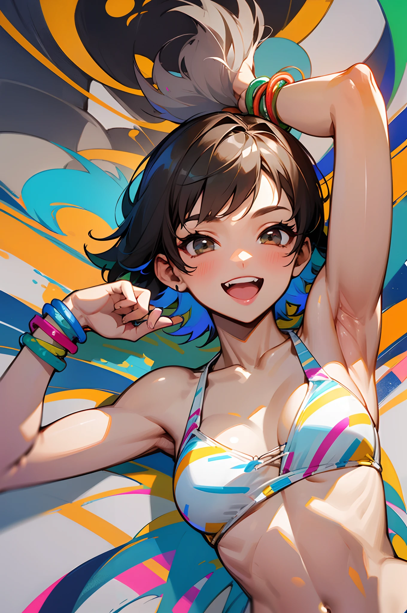 (Best Quality, hight resolution:1.2, Ultra-detailed),Girl with short cut gray hair、She is 20 years old、brown skinned、Wearing a white bikini、slender muscular body、bare-legged、Colorful bracelets、Colorful anklets、Smile cheerfully、Laugh、Dance cheerfully、Zoom up of the face