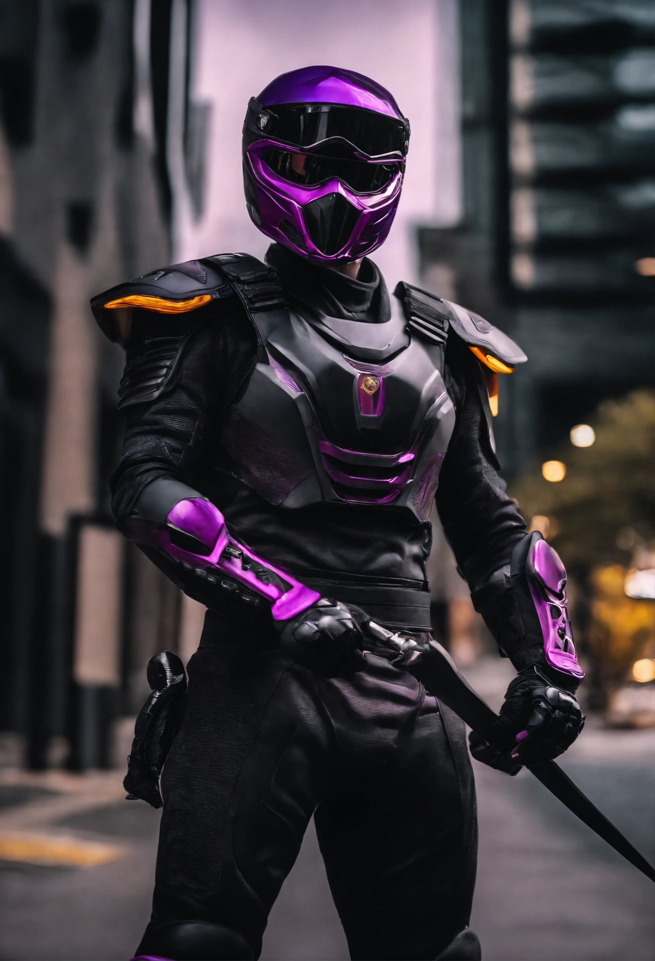 crie um personagem de mortal kombat que usa um uniforme roxo e um capacete de motociclista fechado com visor preto. Ele tem uma roupa que lembra a de um samurai futurista e tem uma pose de superioridade.