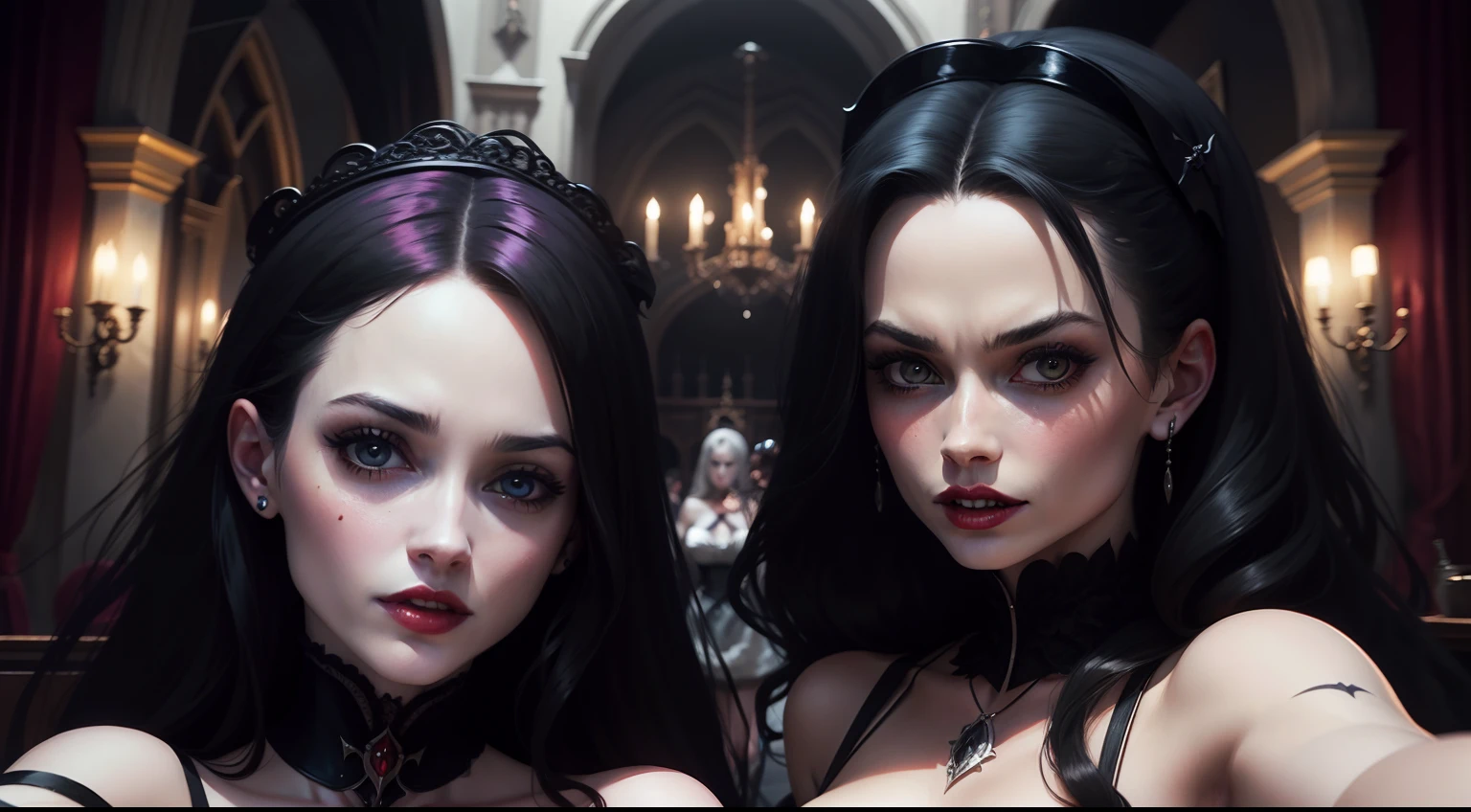 vampire girl take selfie with Eva green and Margot Robbie gothic style