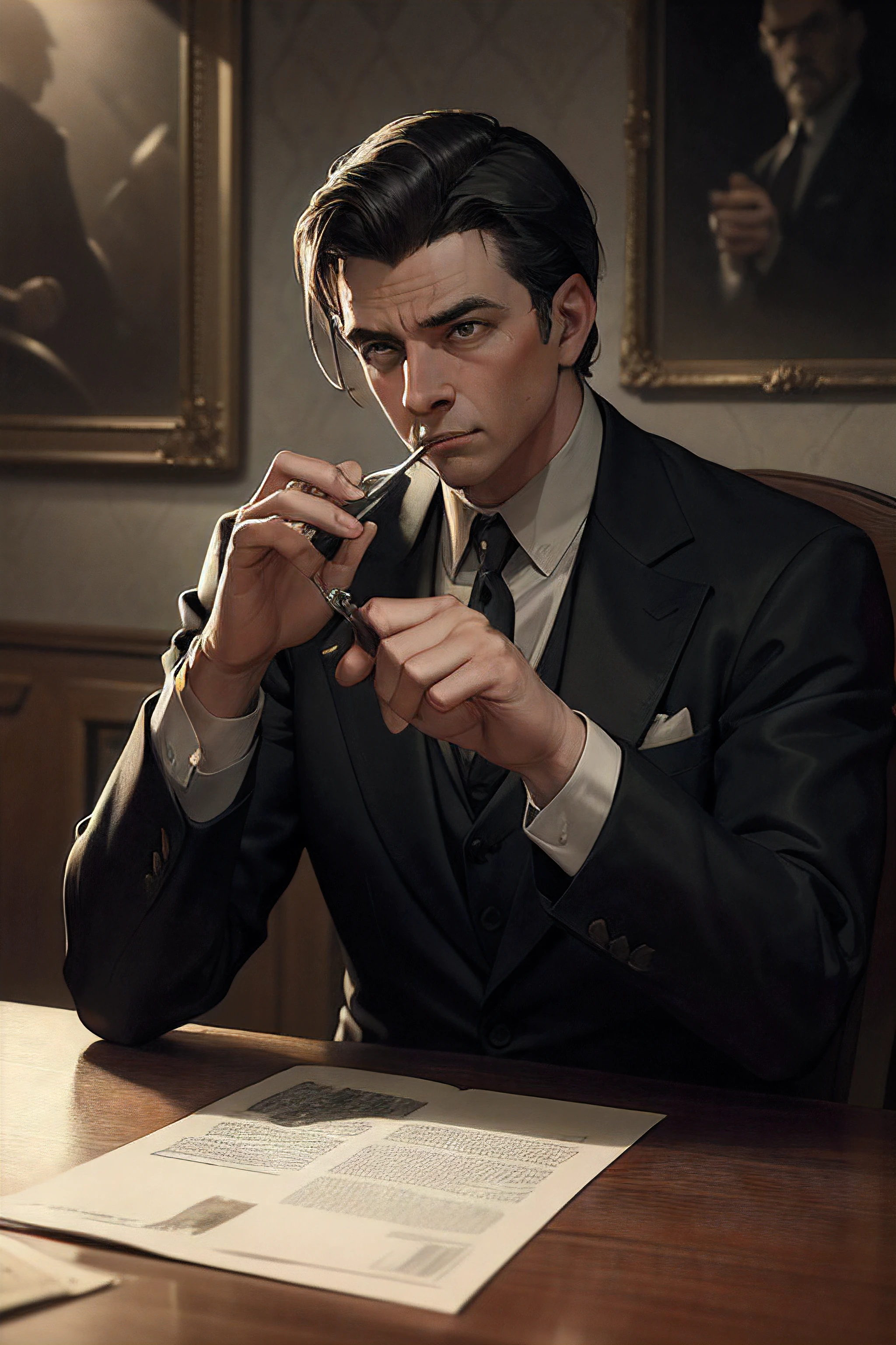 A man in mourning clothes smoking a cigarette