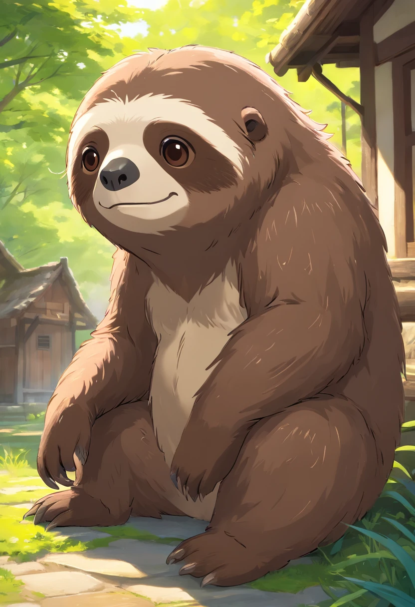 Warrior sloth in a medieval village, Design simplista, RTX, hiper HD, cells, 32k, ray tracing, The is well defined, Cartoon, Realistic, desenho, Motor Unreal 5, rendering by octane, Shaders, 。...3d,o elemento de fogo,Libere a bola de fogo,Bolas de Fogo ,Sentimento imortal ,pulando 。