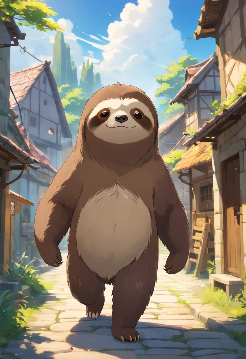 Warrior sloth in a medieval village, Design simplista, RTX, hiper HD, cells, 32k, ray tracing, The is well defined, Cartoon, Realistic, desenho, Motor Unreal 5, rendering by octane, Shaders, 。...3d,o elemento de fogo,Libere a bola de fogo,Bolas de Fogo ,Sentimento imortal ,pulando 。