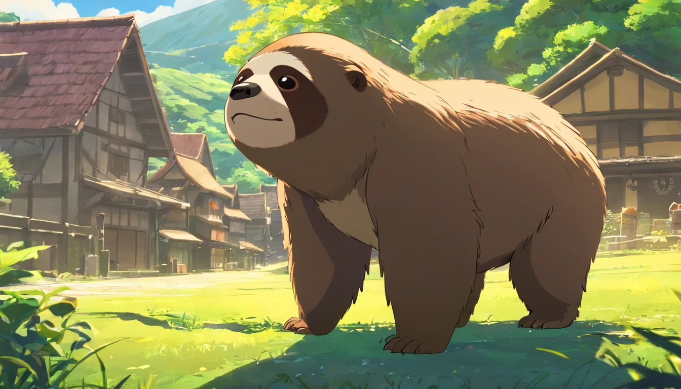 Warrior sloth in a medieval village, Design simplista, RTX, hiper HD, cells, 32k, ray tracing, The is well defined, Cartoon, Realistic, desenho, Motor Unreal 5, rendering by octane, Shaders, 。...3d,o elemento de fogo,Libere a bola de fogo,Bolas de Fogo ,Sentimento imortal ,pulando 。