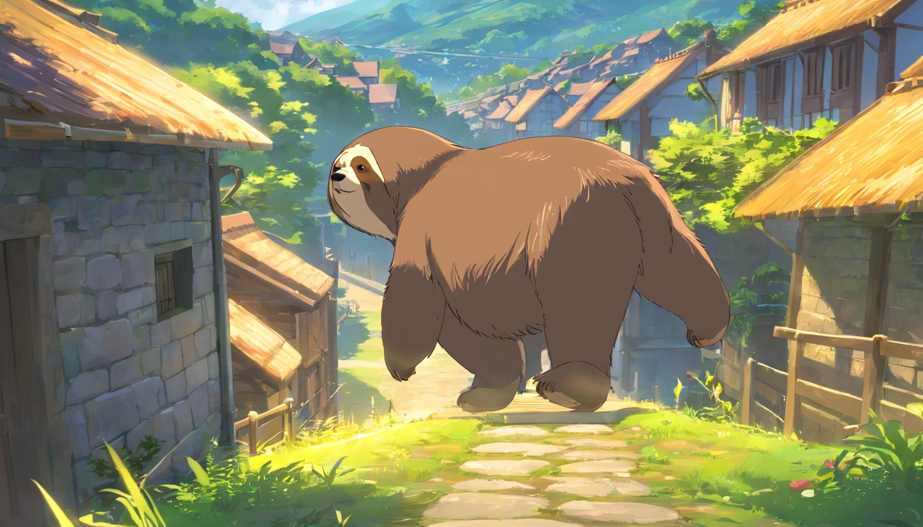 Warrior sloth in a medieval village, Design simplista, RTX, hiper HD, cells, 32k, ray tracing, The is well defined, Cartoon, Realistic, desenho, Motor Unreal 5, rendering by octane, Shaders, 。...3d，o elemento de fogo，Libere a bola de fogo，Bolas de Fogo ，Sentimento imortal ，pulando 。