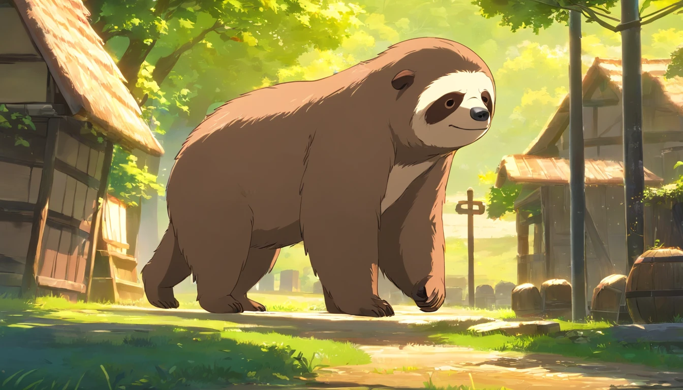 Warrior sloth in a medieval village, Design simplista, RTX, hiper HD, cells, 32k, ray tracing, The is well defined, Cartoon, Realistic, desenho, Motor Unreal 5, rendering by octane, Shaders, 。...3d,o elemento de fogo,Libere a bola de fogo,Bolas de Fogo ,Sentimento imortal ,pulando 。