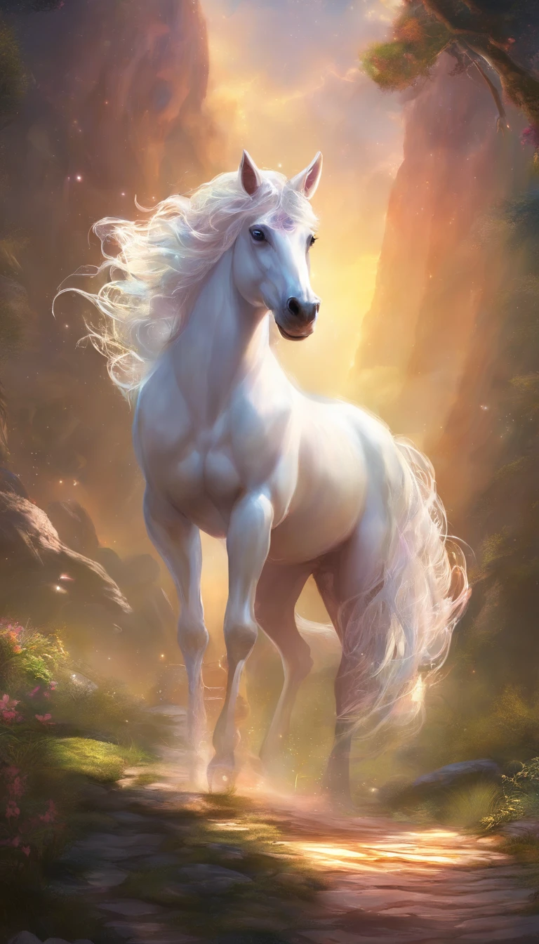 A creature like a unicorn，clivagem em close-up，Decole e corra，Flying clouds through the fog，Poderoso，fundo do universo，Nuvem estelar，suns，raios de sol，astro，（Efeito de Luz e Sombra），（Movie Lighting），（cinema4d），（Efeito de profundidade de campo），（Papel de parede 8k），（rendering by octane），（Efeito Dingdall），（irreal 5），（master part），Extremely detailed image representation，realista