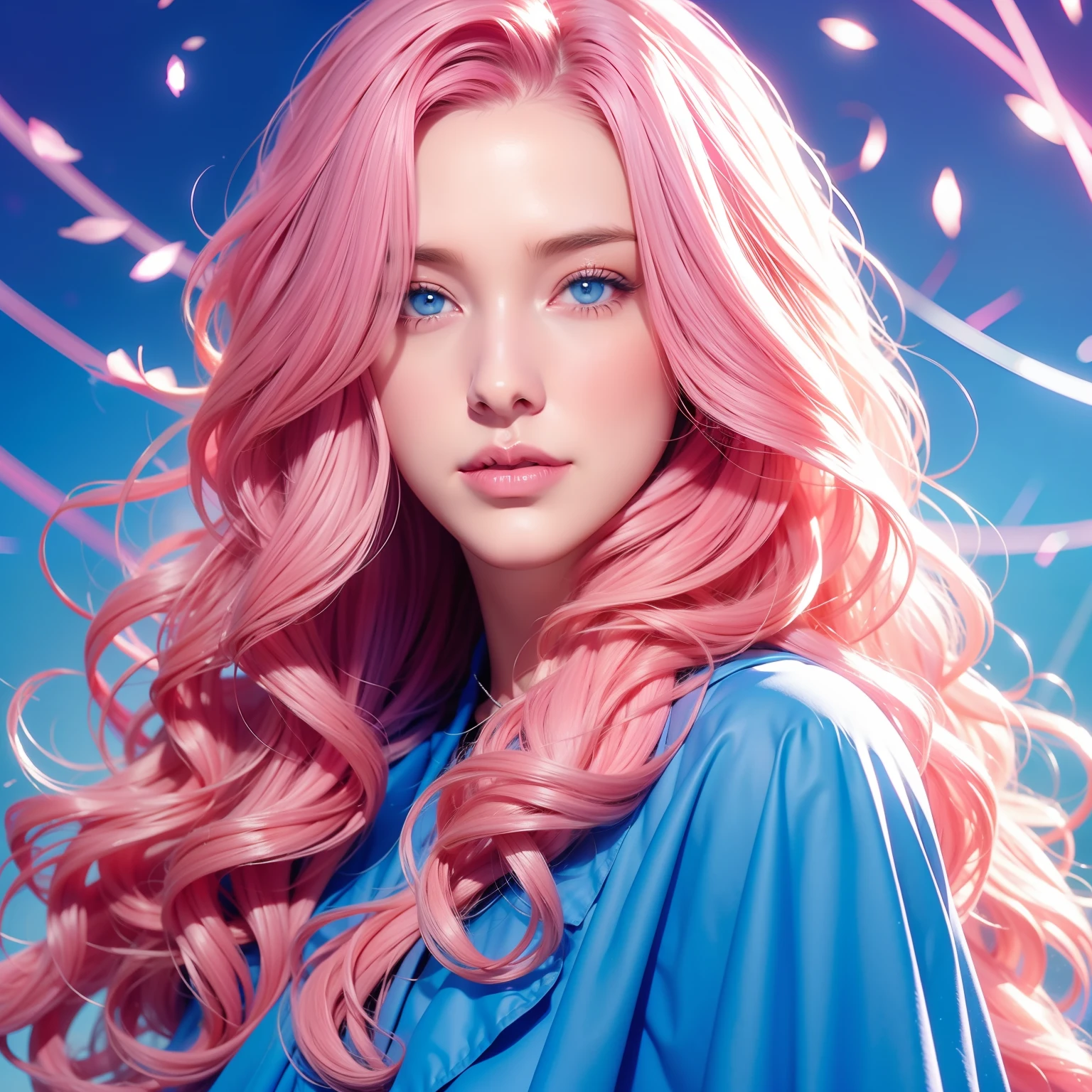 one woman, long curly hair, pink hair, blue eyes, magic background