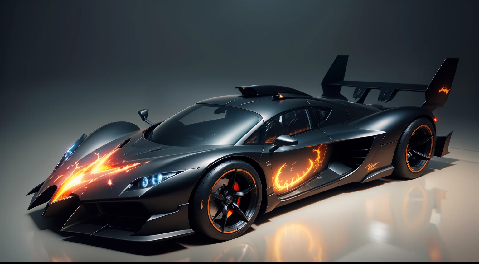 Dark fantasy futuristic biomechanical car batmobile with wings and flames in Gotham city