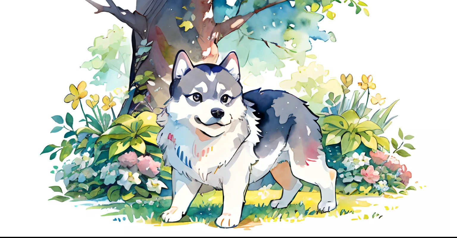 Siberian husky dog:1.5、cute little、big eye、gray fur、fluffy fur、simple background、white backgrounid、watercolor paiting、garden with trees