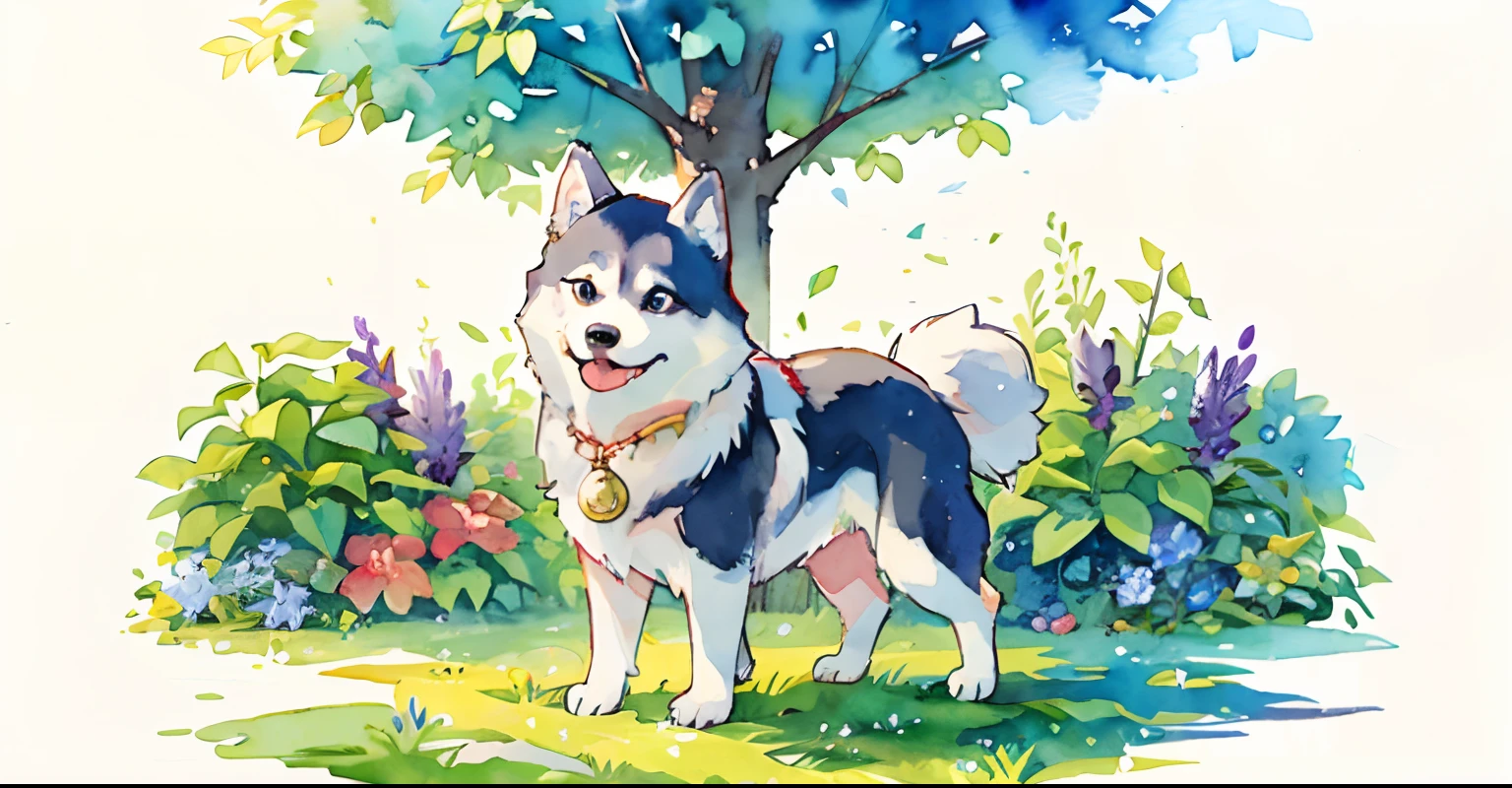 Siberian husky dog:1.5、cute little、big eye、gray fur、fluffy fur、simple background、white backgrounid、watercolor paiting、garden with trees