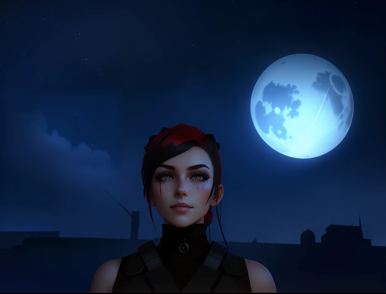 beautiful young female Human Race character, fantasy, white eyes, hair is a red ponytail, two slash scars scars around her right eye, black and red top that covers her neck, portrait, grey eyes, ears uncovered, soft black eyebrows, holding two mediaval guns, smug look, smirk, medieval stone city, volumetric lighting, best quality, beautiful young female Human Race character, fantasy, white eyes, hair is a red ponytail, two slash scars scars around her right eye, black and red top that covers her neck, portrait, grey eyes, ears uncovered, soft black eyebrows, holding two mediaval guns, smug look, smirk, medieval stone city, volumetric lighting, best quality