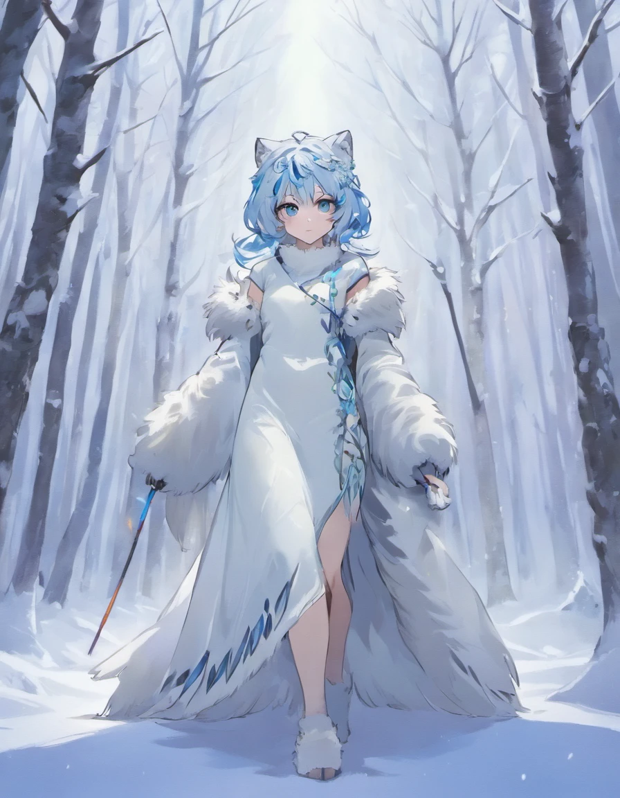(best quality,highres,ultra-detailed),white snow leopard with vibrant blue eyes,detailed fluffy fur,standing confidently in a snowy forest,subtle sunlight streaming through the trees,creating a magical atmosphere,naturalistic portrait,astounding beauty and elegance,gorgeous white coat blending with the snow,subtle blue shades,sharp focus,realistic details,captivating gaze,personality shining through the eyes,peaceful expression,graceful stance,showcasing its strength and confidence,masterpiece:1.2